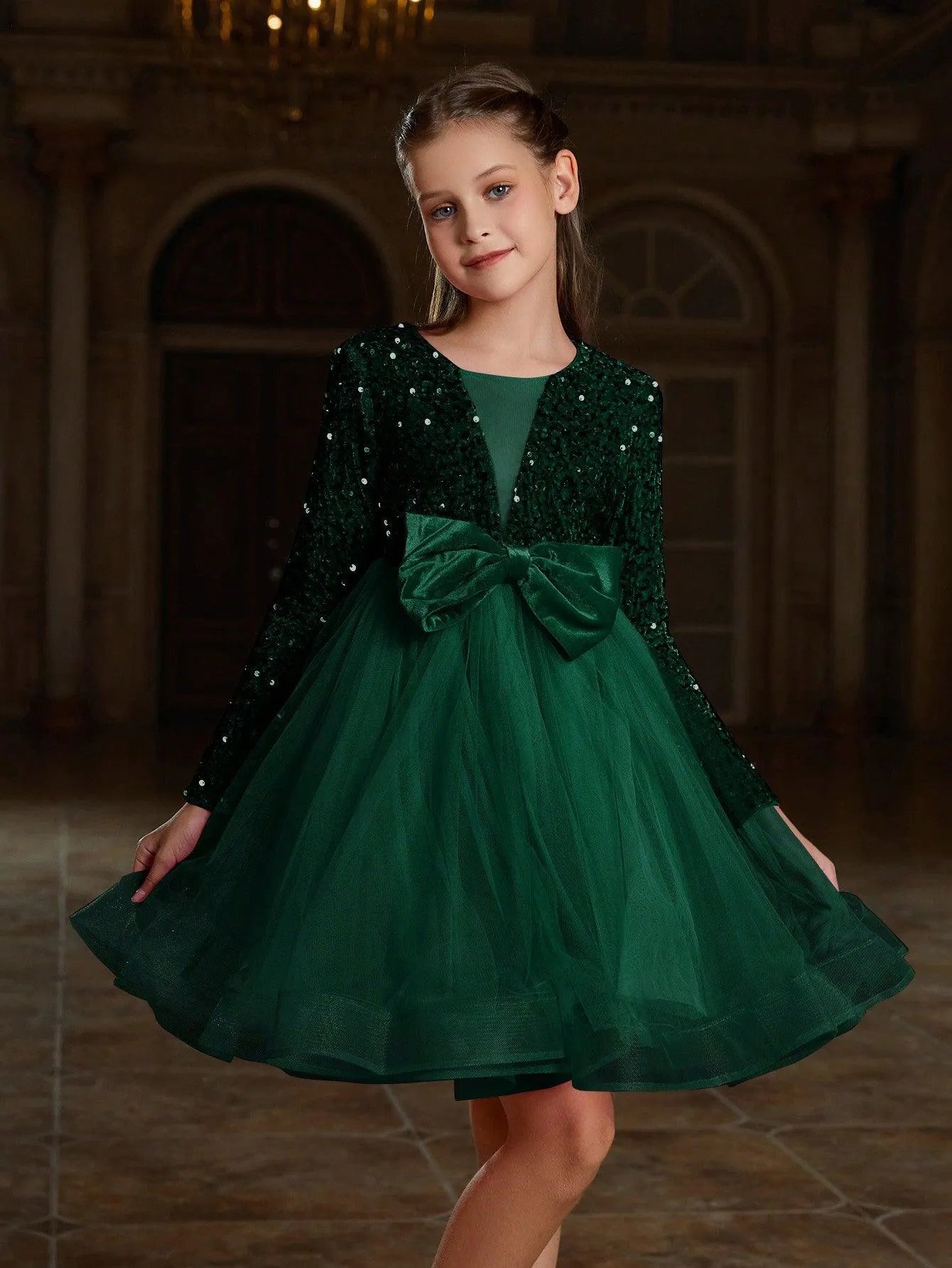 Tween Girls' Cute Bow Front Long Sleeve Party Dress - Elonnashop