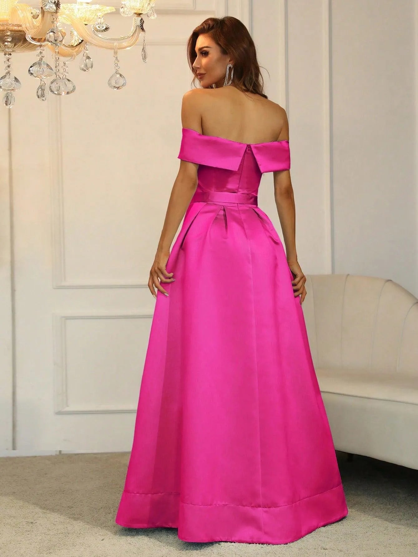 Off Shoulder Buckle Belted Satin Ball Gown - Elonnashop