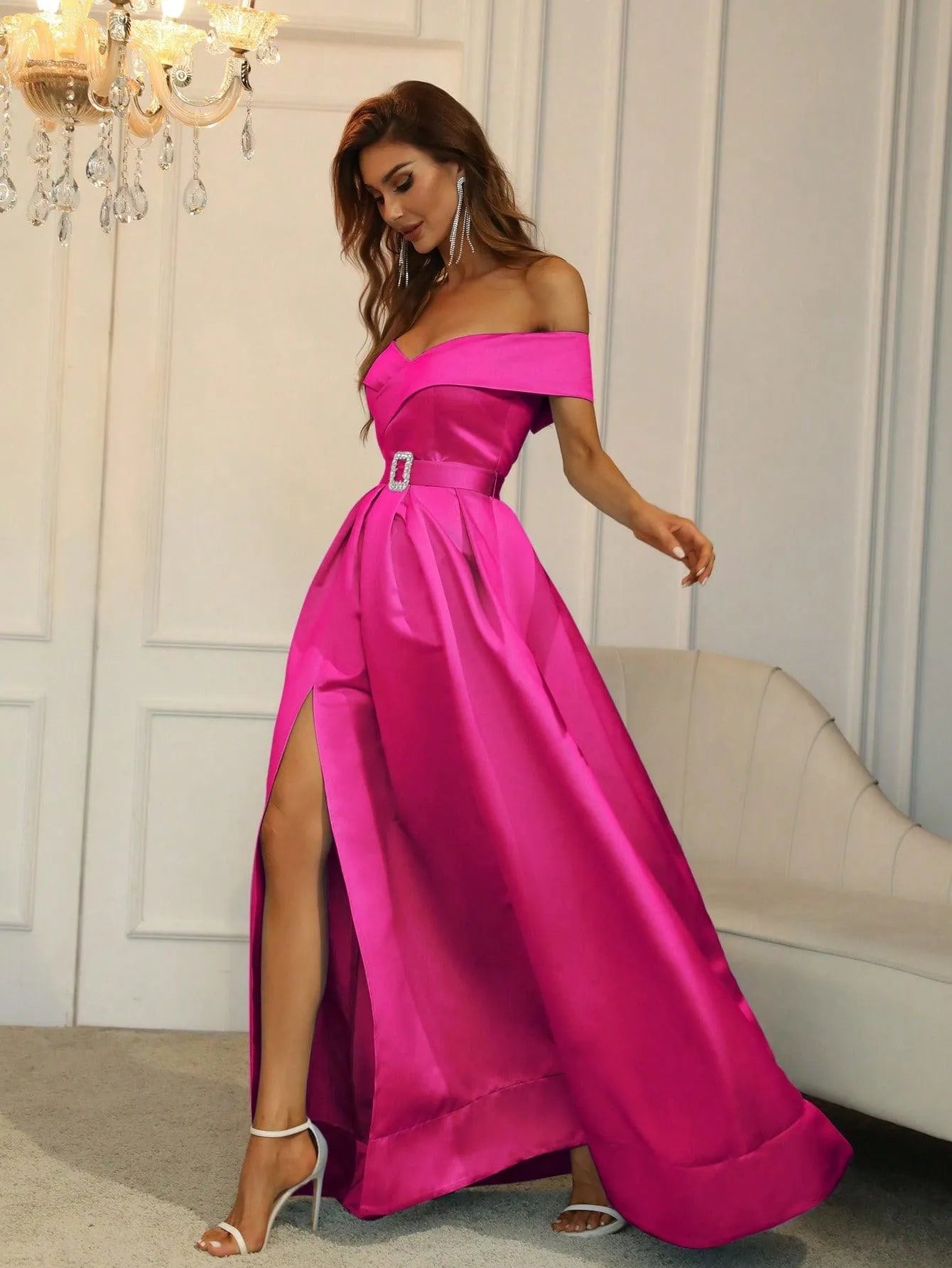 Off Shoulder Buckle Belted Satin Ball Gown - Elonnashop