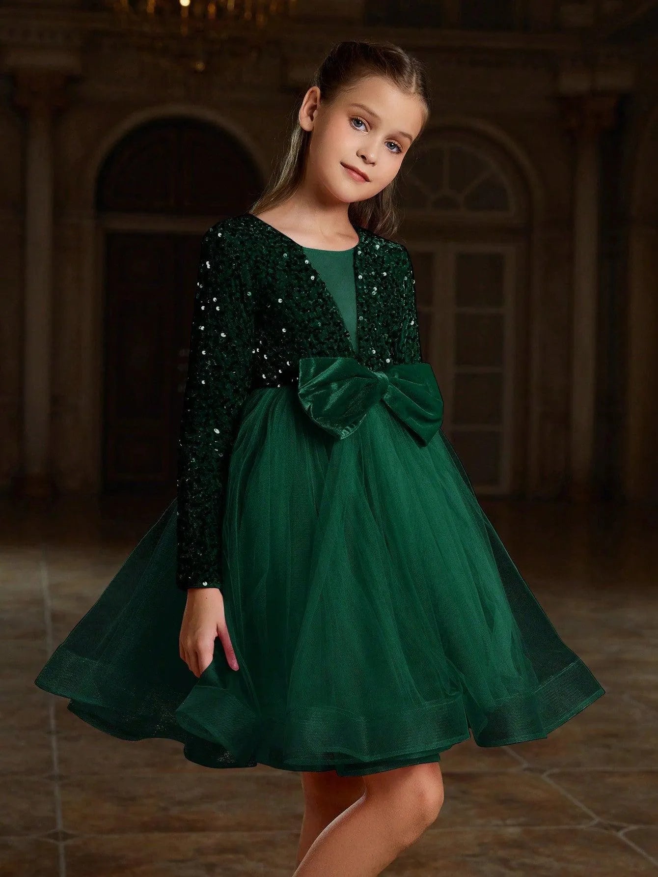 Tween Girls' Cute Bow Front Long Sleeve Party Dress Dark Green / 9Y Tween Girls' Cute Bow Front Long Sleeve Party Dress Dark Green / 9Y