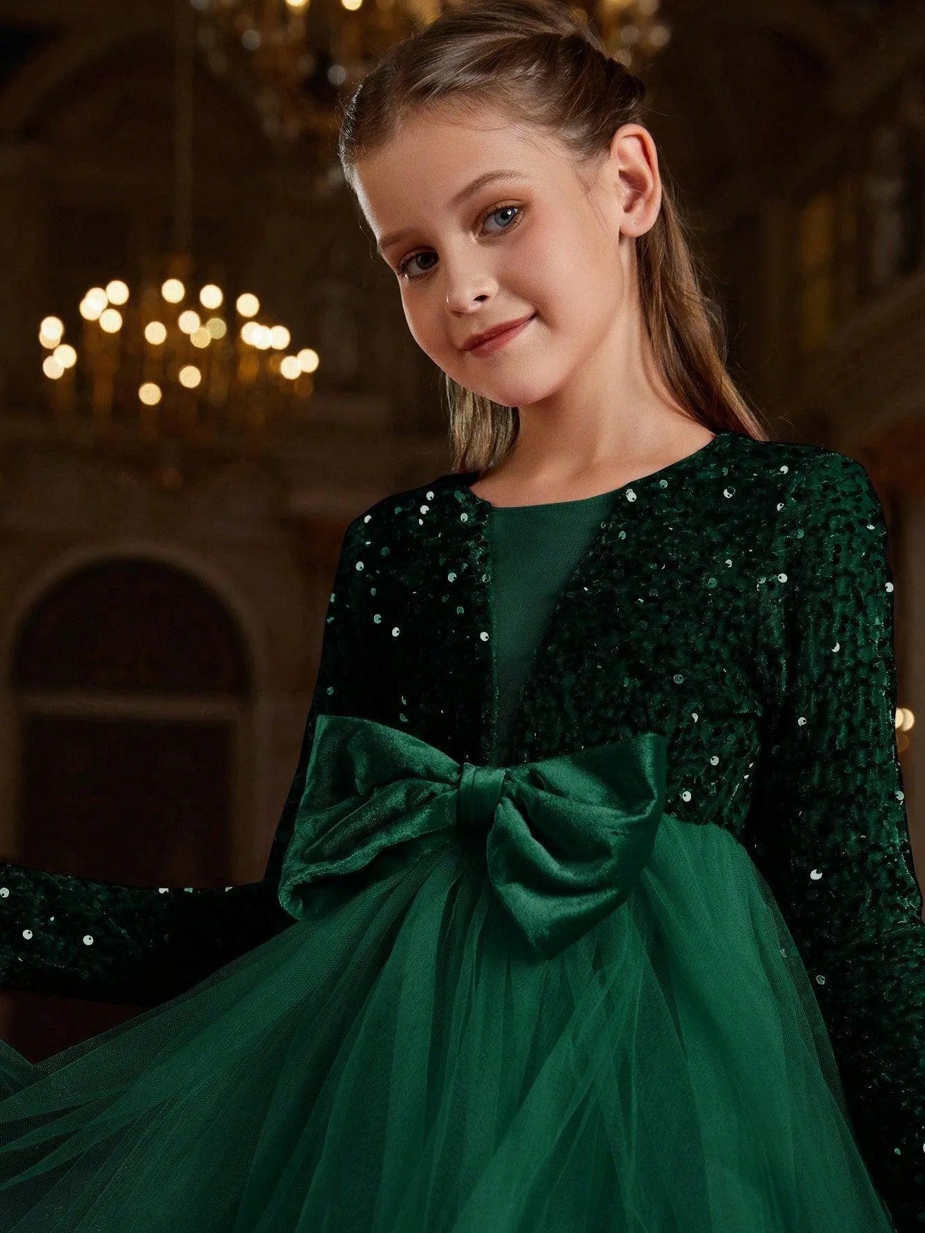 Tween Girls' Cute Bow Front Long Sleeve Party Dress Dark Green / 9Y Tween Girls' Cute Bow Front Long Sleeve Party Dress Dark Green / 9Y