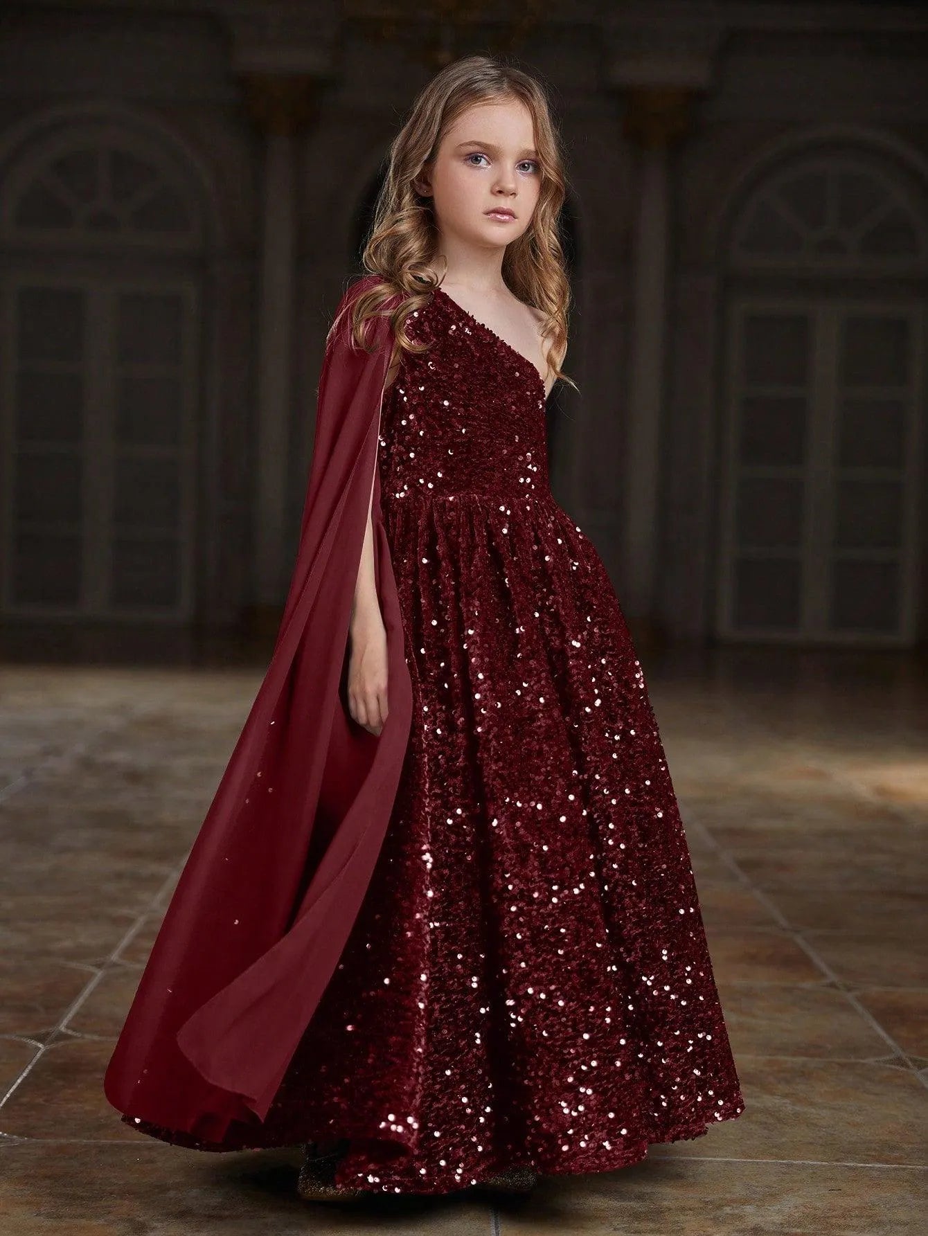 Tween Girls' One Shoulder Draped Side Sequin A Line Dress - Elonnashop