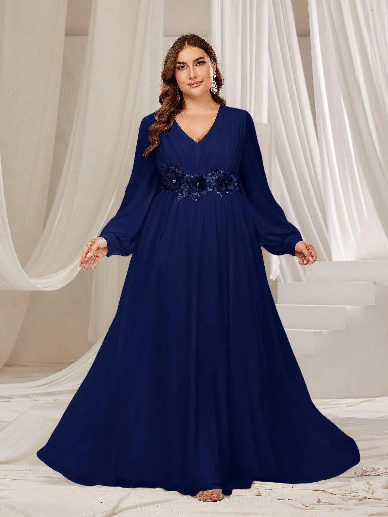 Plus Floral Applique Lantern Sleeves Chiffon Formal Dress - Elonnashop