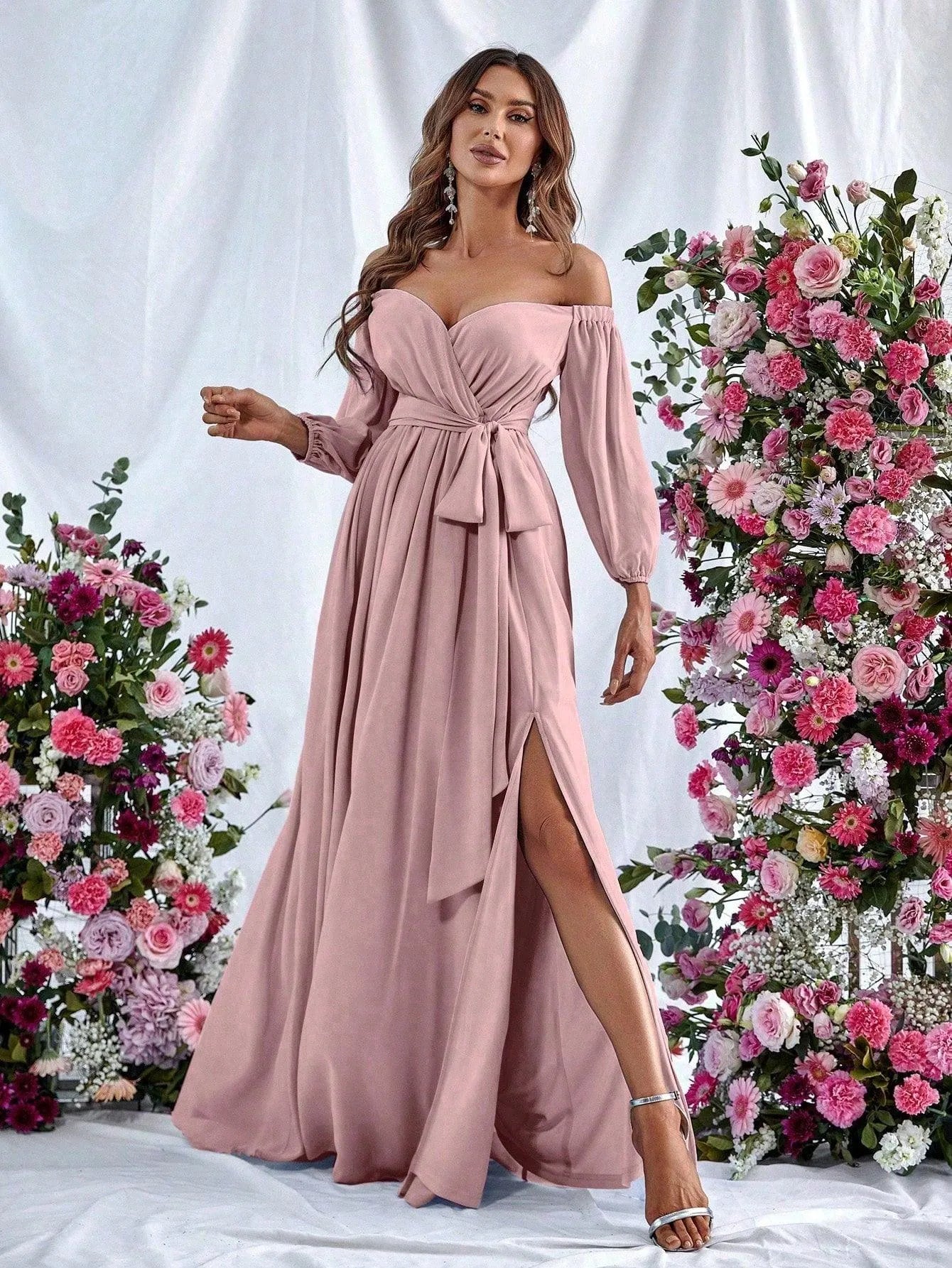 off the shoulder split thigh dress Off Shoulder Ruched Side Split Thigh Long Dress, Ivory / XS