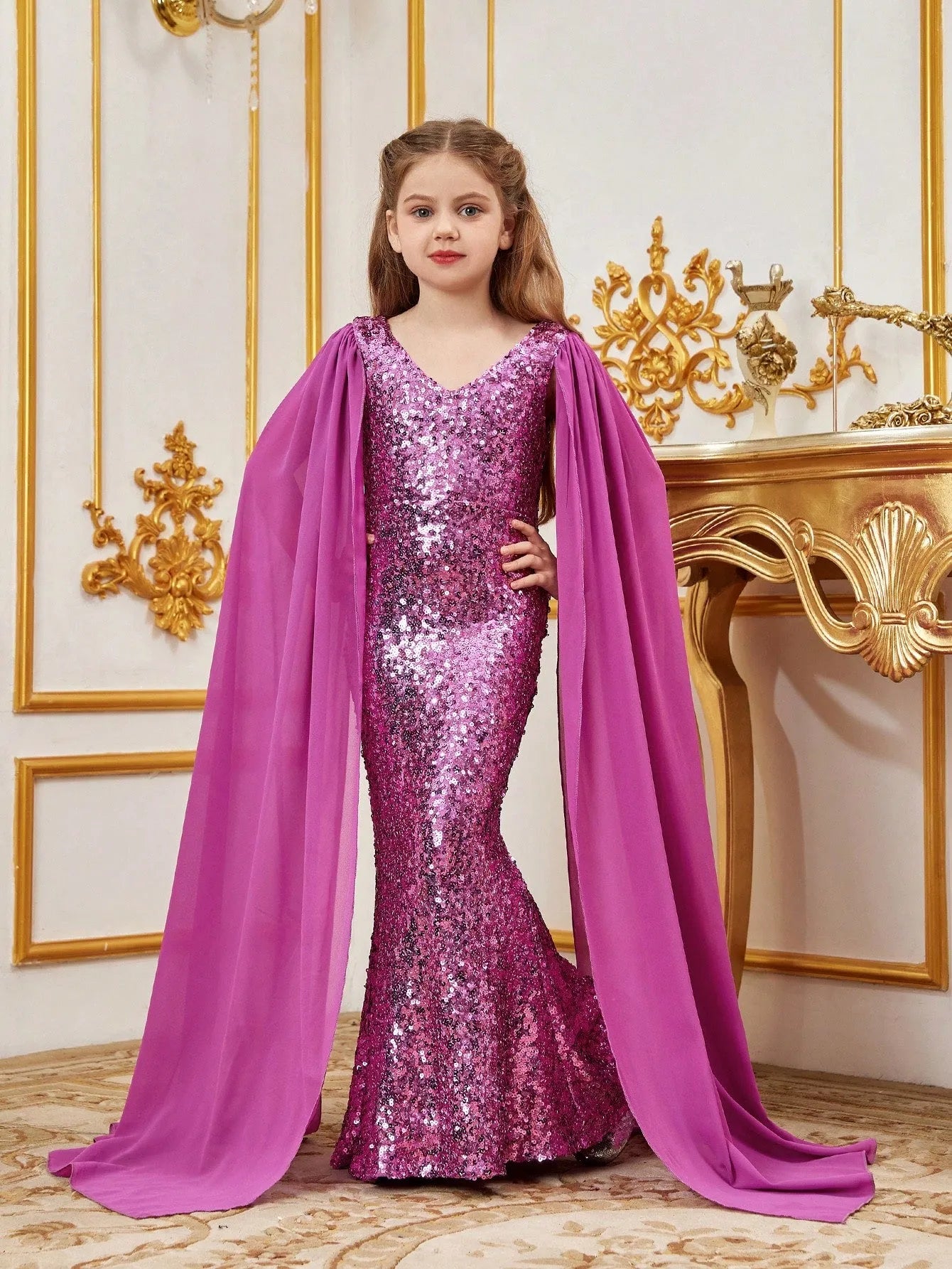 Tween Girls' V Neck Cloak Sleeves Sequin Mermaid Party Dress