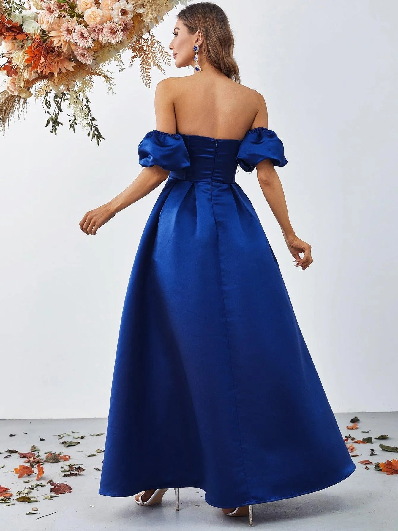 Off Shoulder Puff Sleeves Ruched Bust Fold Pleated Satin Gown - Elonnashop