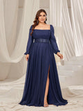 Plus Square Neck Lantern Sleeves Split Thigh Evening Dress - Elonnashop