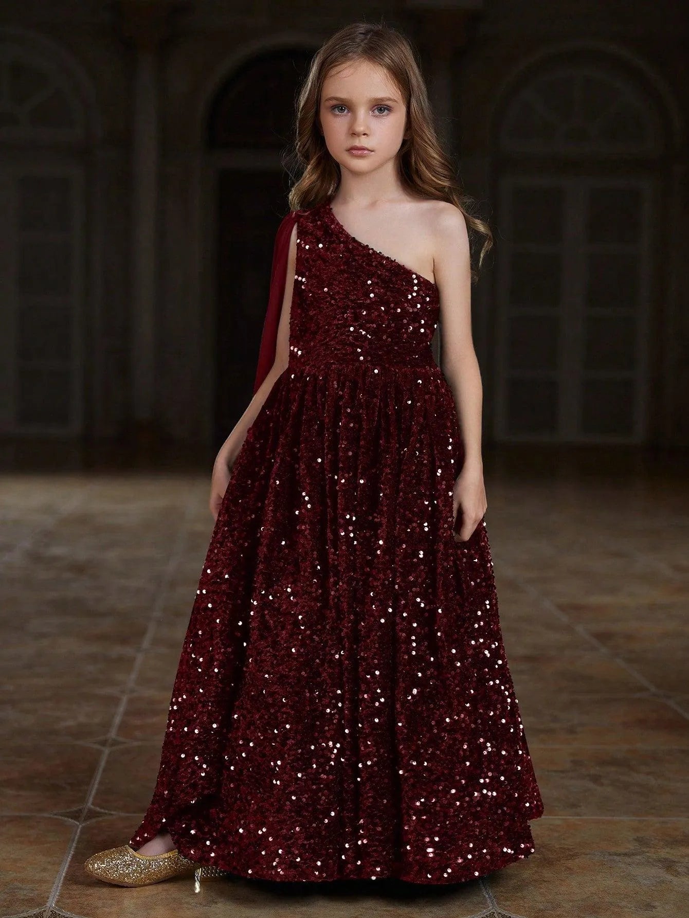 Tween Girls' One Shoulder Draped Side Sequin A Line Dress - Elonnashop