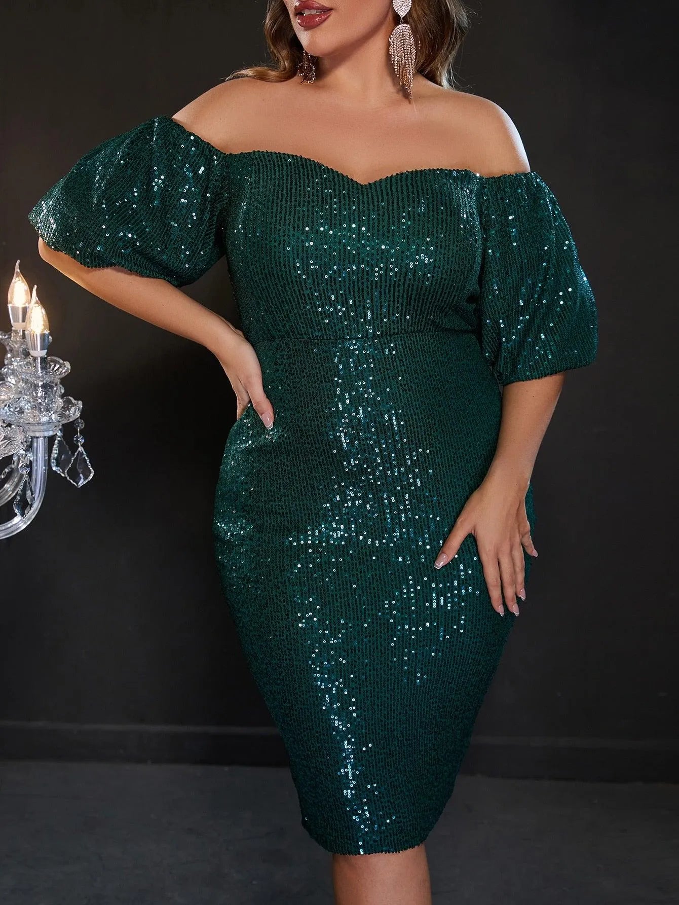 Plus Off Shoulder Puff Sleeves Sequin Midi Dress - Elonnashop