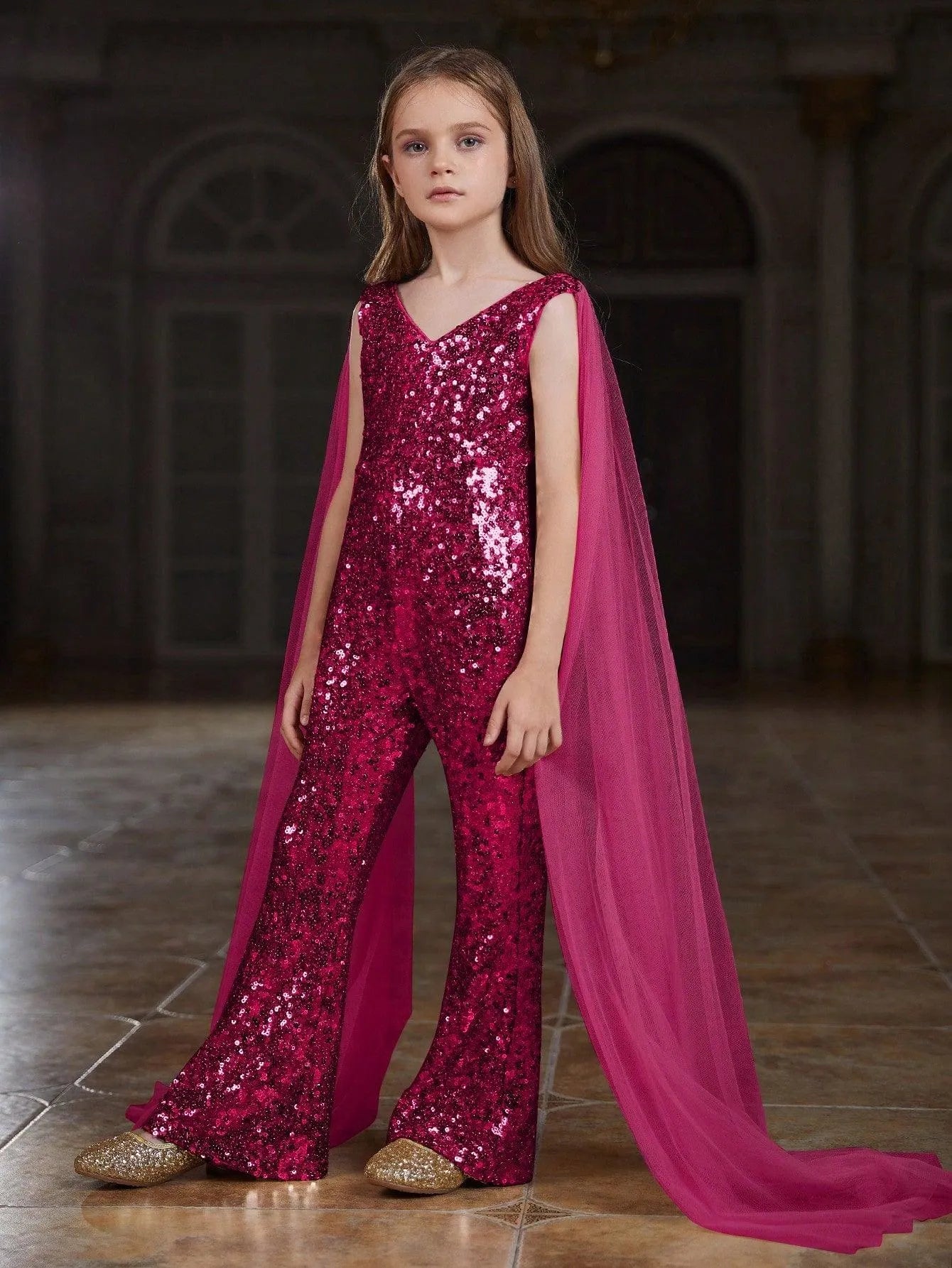 Tween Girls' V Neck Mesh Cloak Sleeve Sequin Jumpsuit - Elonnashop