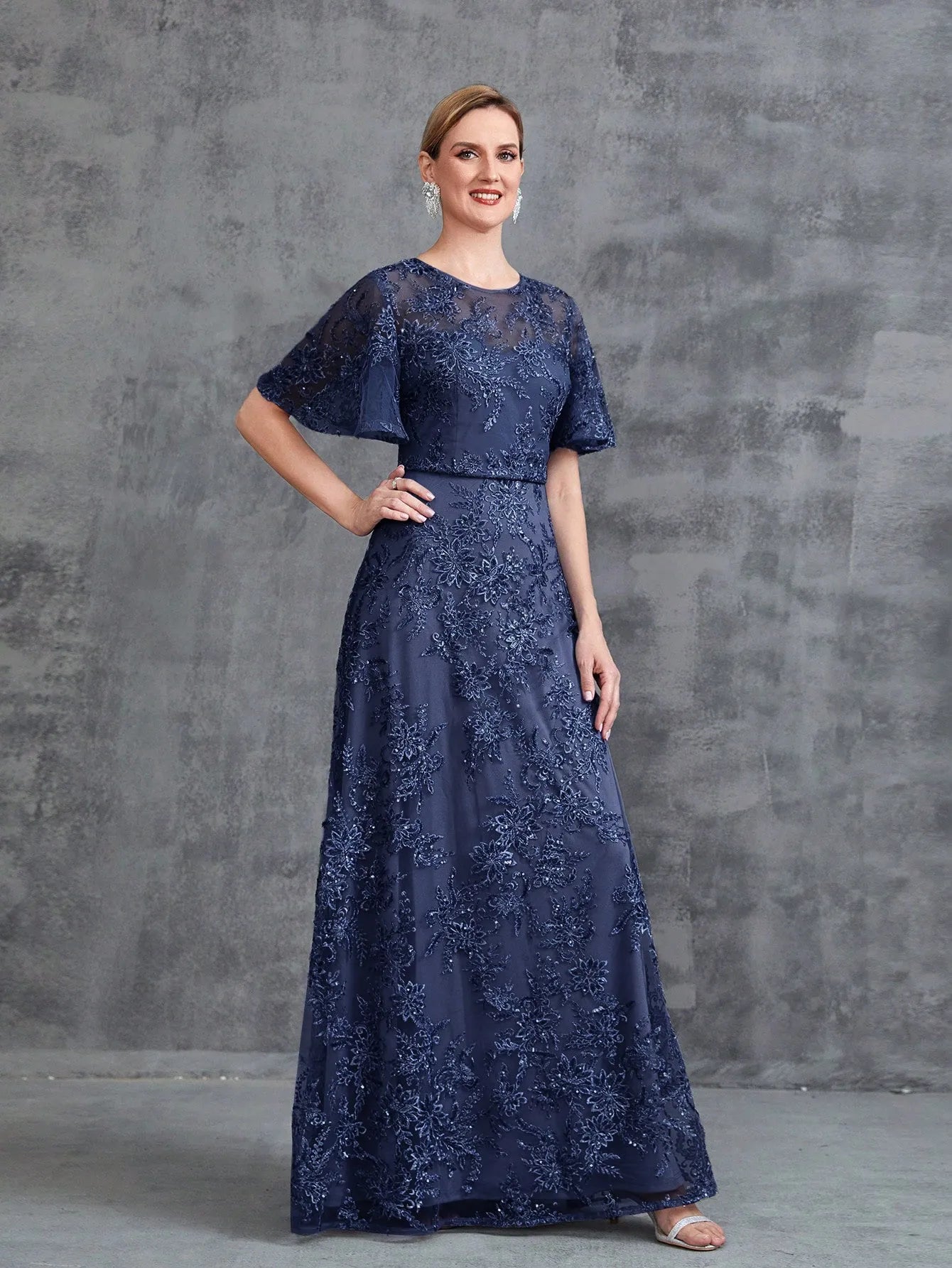 Womens‘ Floral Embroidered Butterfly Sleeves A Line Formal Evening Dress