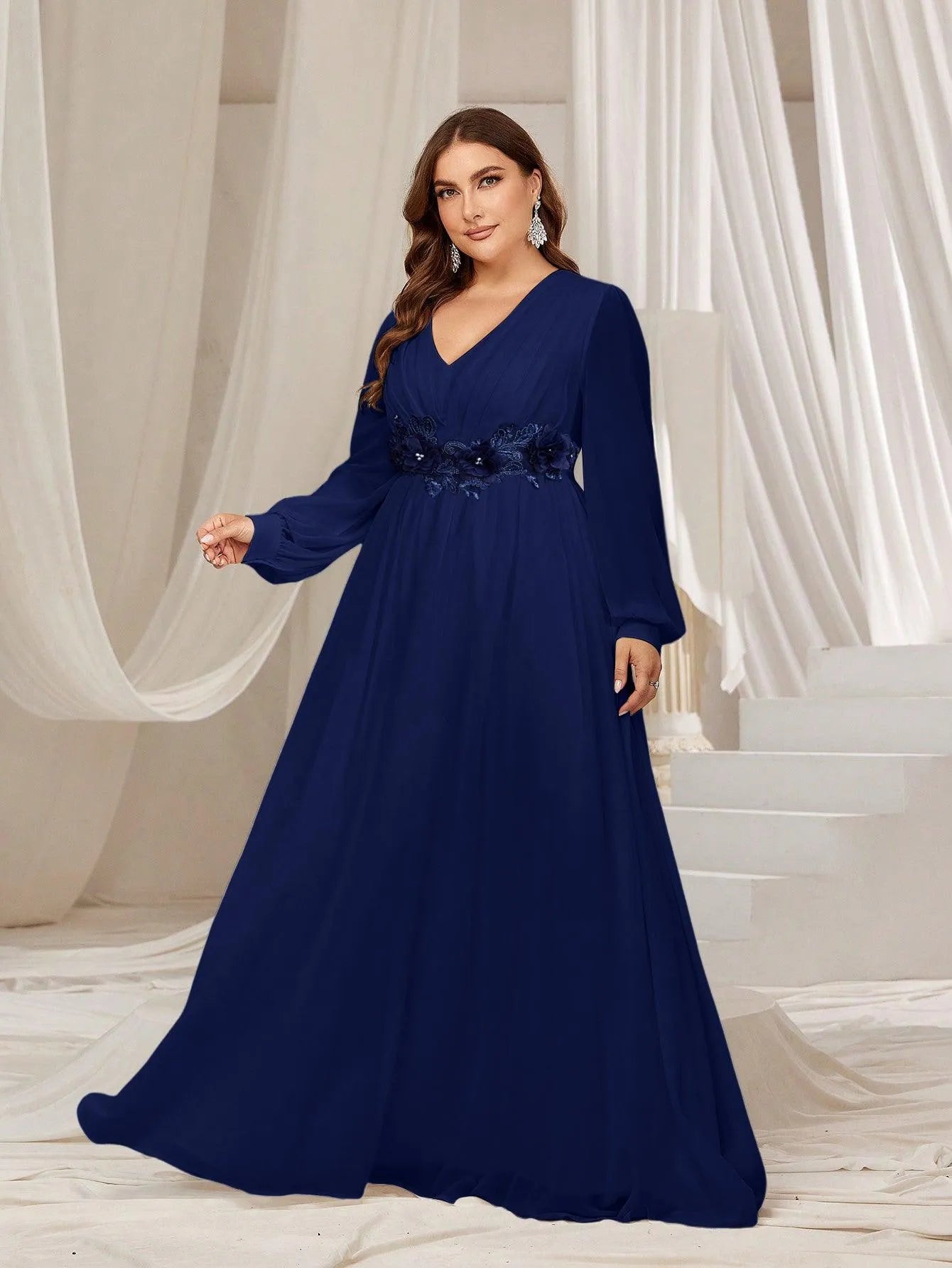 Plus Floral Applique Lantern Sleeves Chiffon Formal Dress - Elonnashop