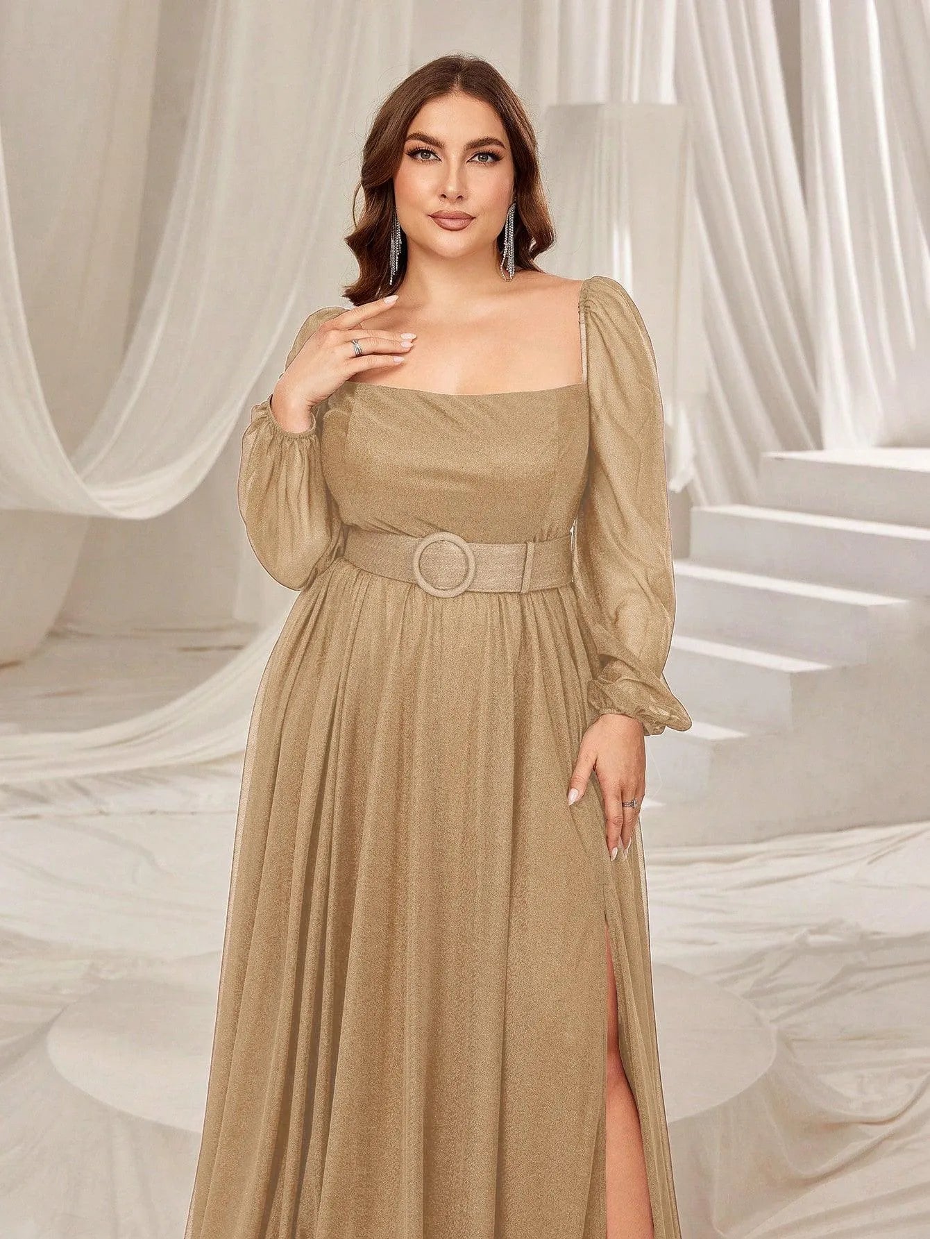 Plus Square Neck Lantern Sleeves Split Thigh Evening Dress - Elonnashop