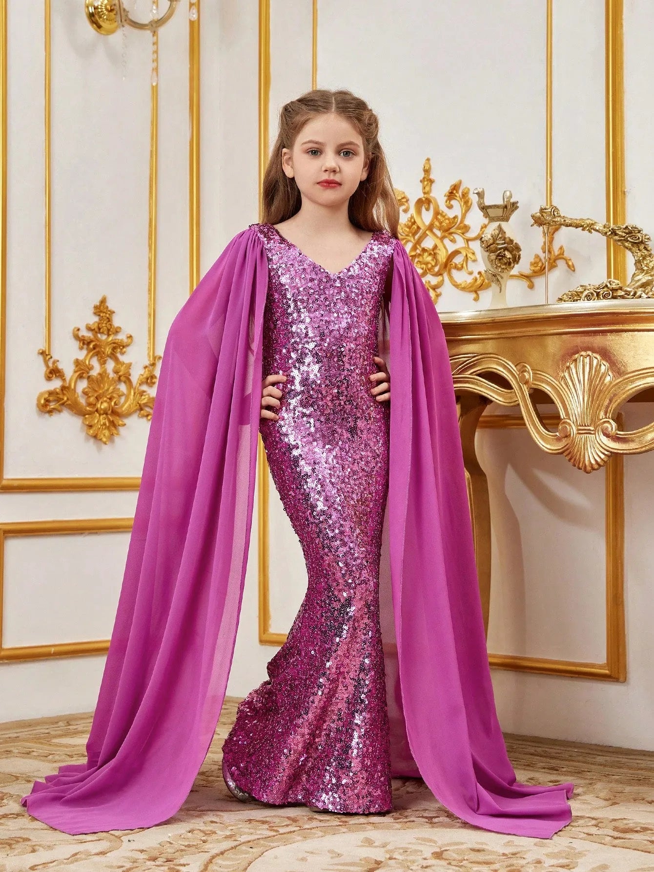 Tween Girls' V Neck Cloak Sleeves Sequin Mermaid Party Dress