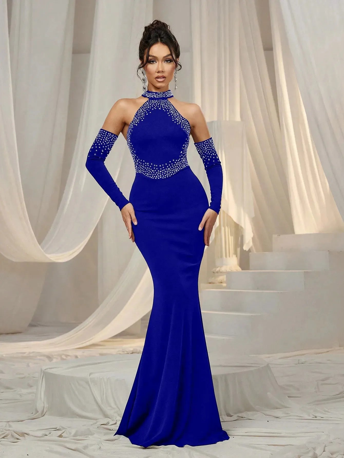 Elegant Rhinestone Detail Halter Neck Mermaid Hem Evening Dress Khaki / L Elegant Rhinestone Detail Halter Neck Mermaid Hem Evening Dress Khaki / L