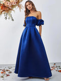 Off Shoulder Puff Sleeves Ruched Bust Fold Pleated Satin Gown - Elonnashop