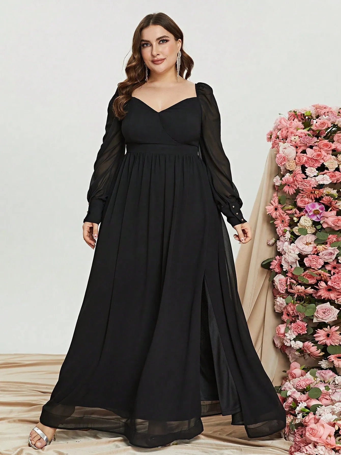 Plus Sweetheart Neck Backless Long Sleeve Chiffon A line Dress