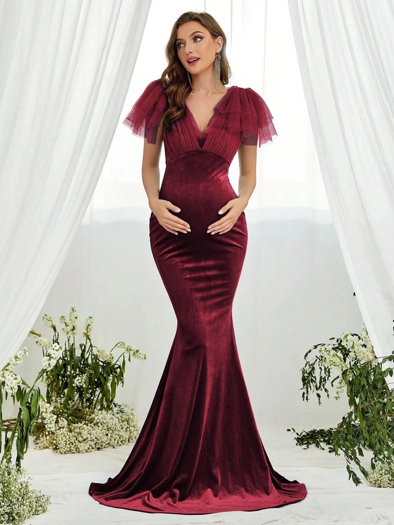 Maternity Contrast Mesh Mermaid Hem Velvet Dress - Elonnashop