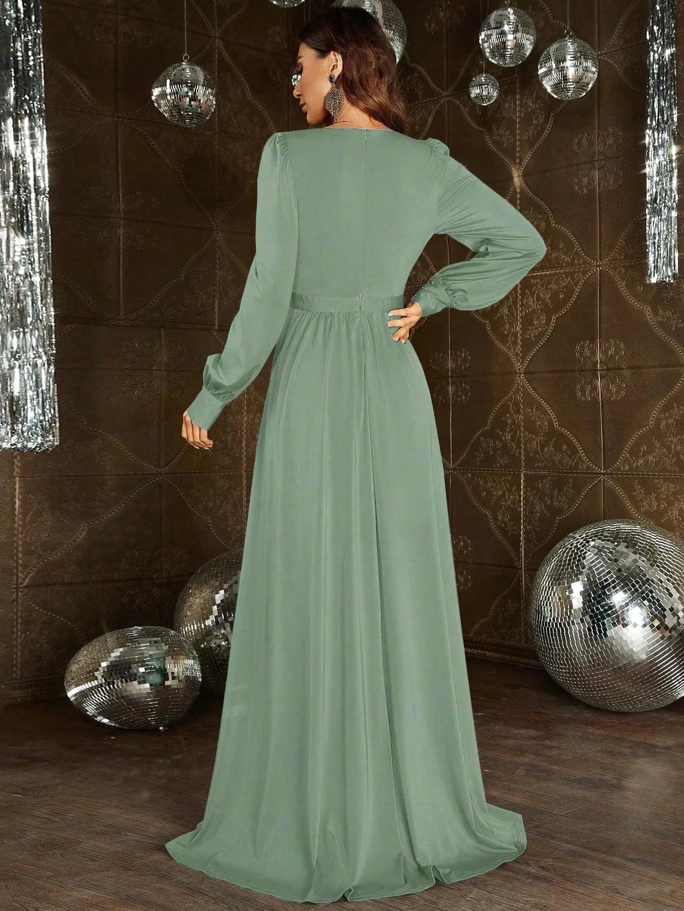 Elegant Plunging Neck Long Sleeves Slit Dresses - Elonnashop