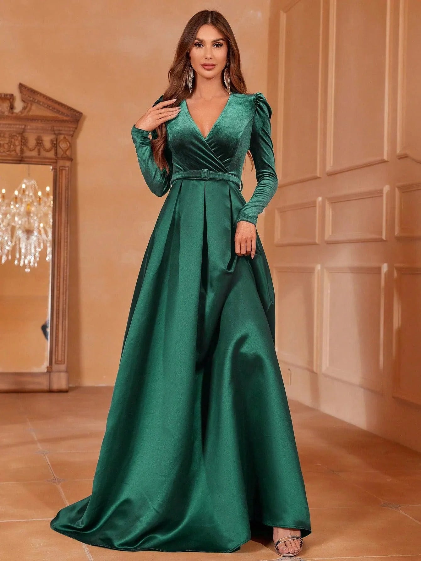 silk surplice dress Satin Surplice Dress with Feather Trim Hem