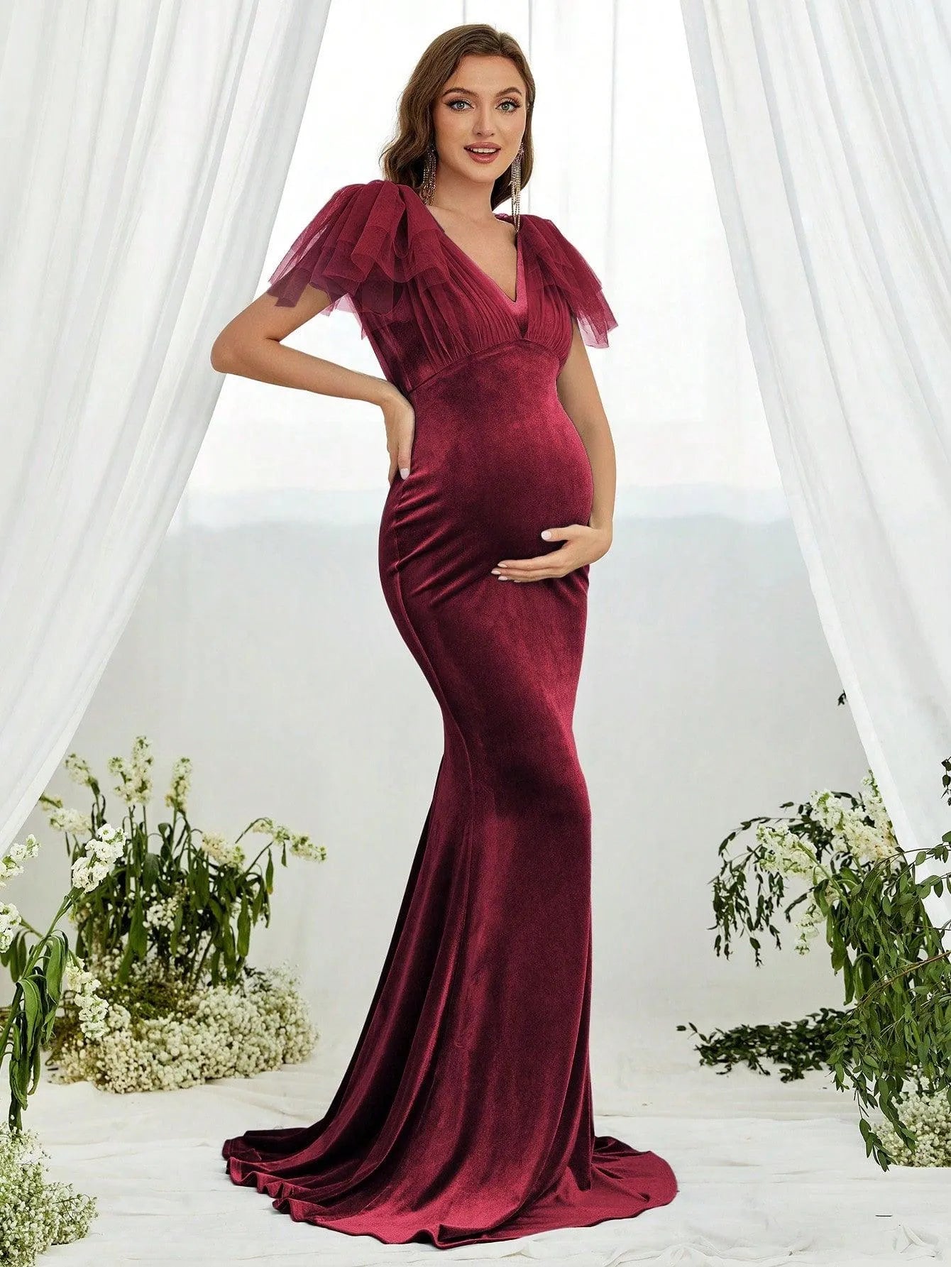 Maternity Contrast Mesh Mermaid Hem Velvet Dress - Elonnashop