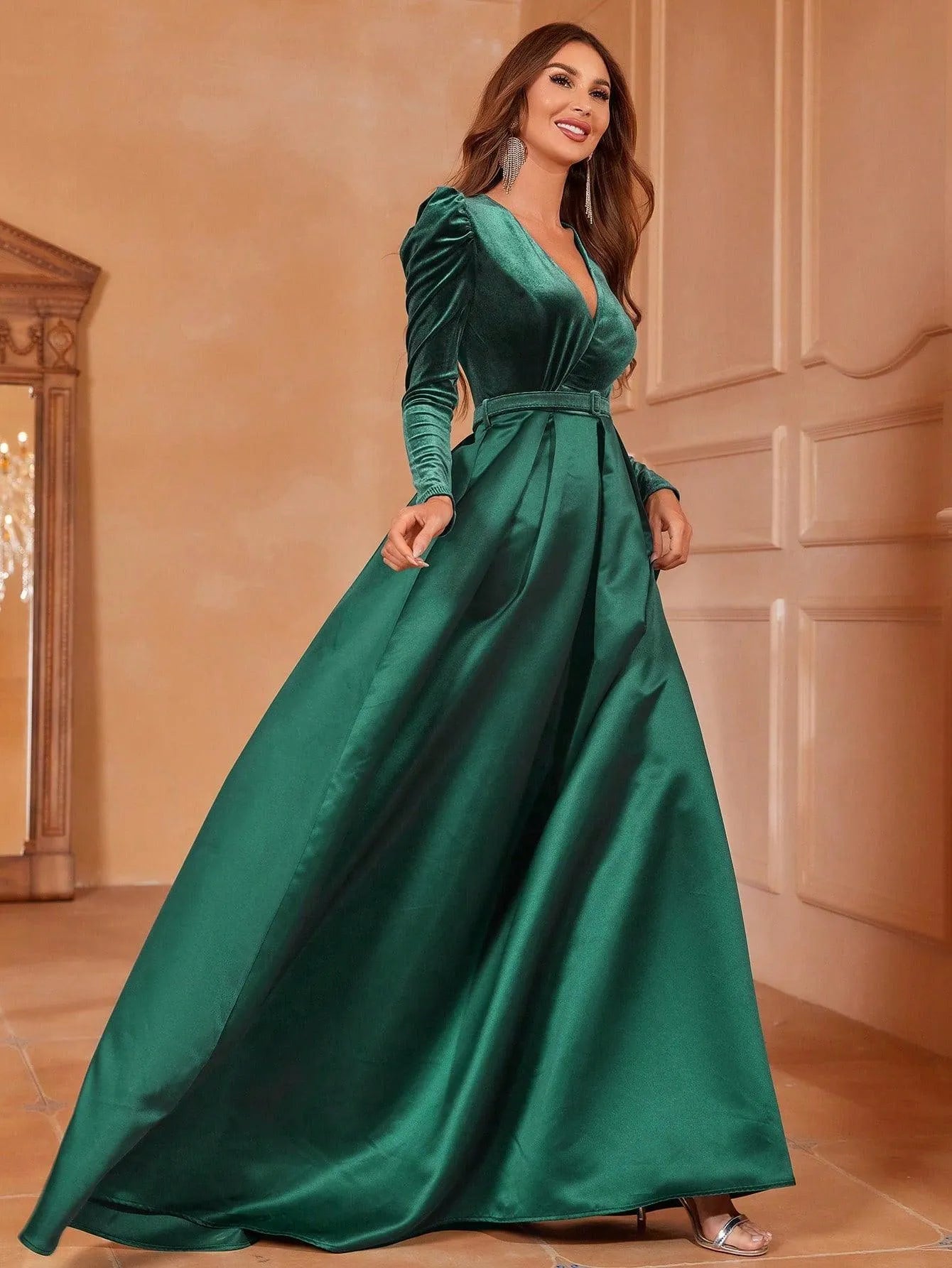 Surplice Neck Long Sleeves Belted Satin A Line Dress Navy blue / XS Surplice Neck Long Sleeves Belted Satin A Line Dress Navy blue / XS