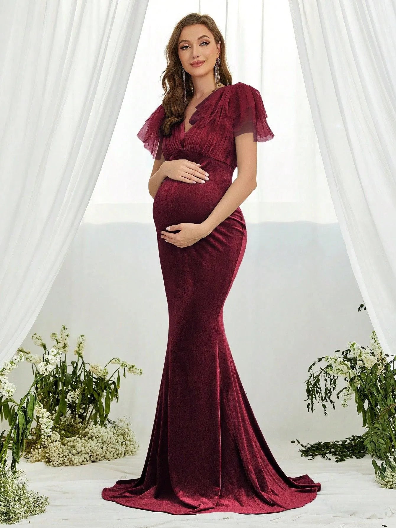 Maternity Contrast Mesh Mermaid Hem Velvet Dress - Elonnashop