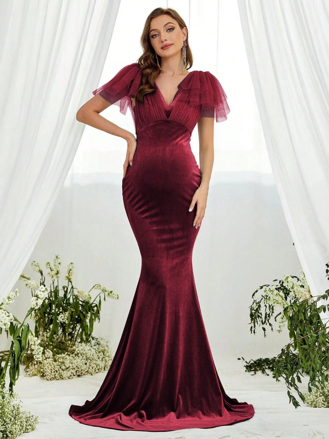 Maternity Contrast Mesh Mermaid Hem Velvet Dress - Elonnashop