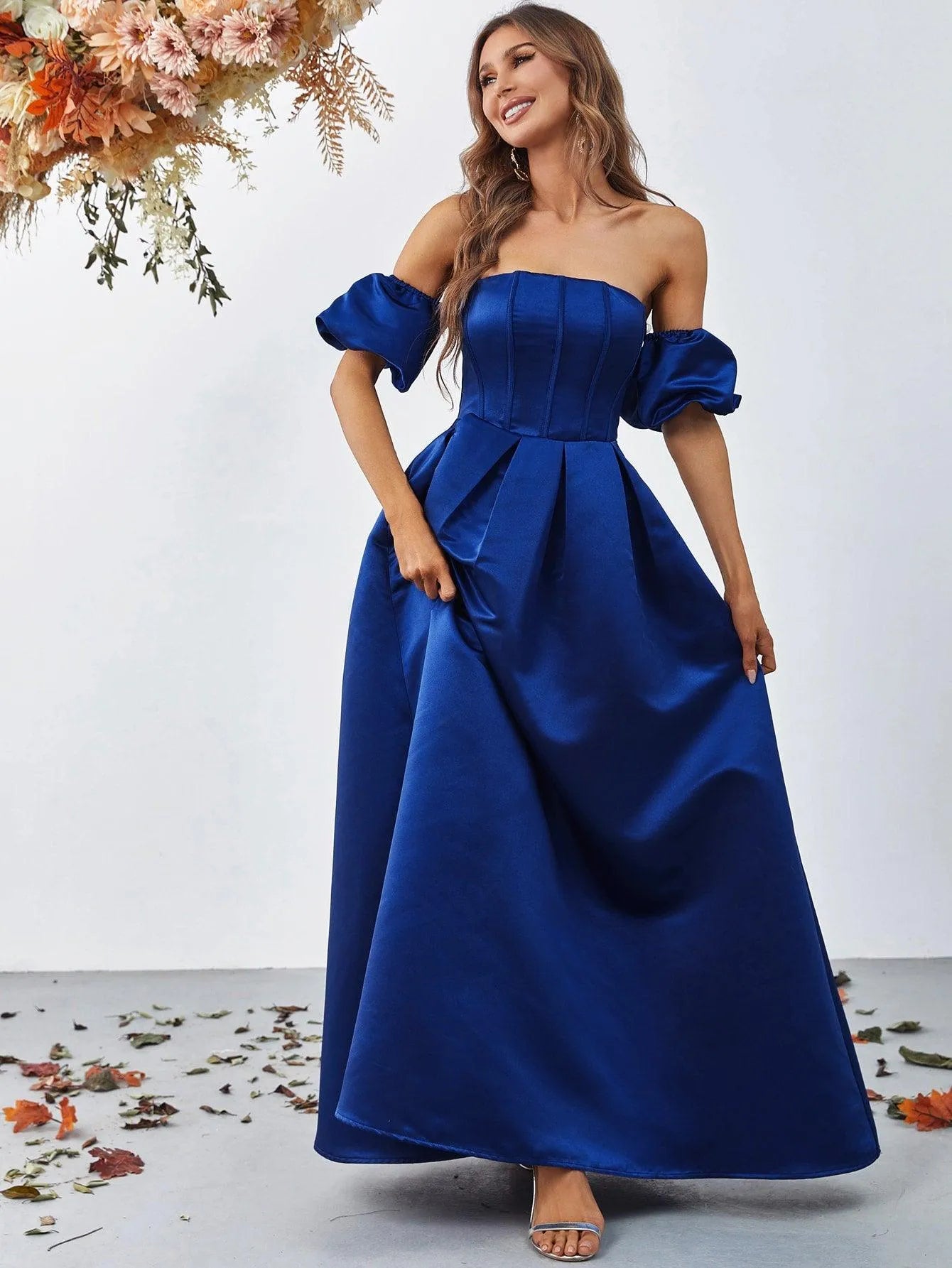 Off Shoulder Puff Sleeves Ruched Bust Fold Pleated Satin Gown - Elonnashop