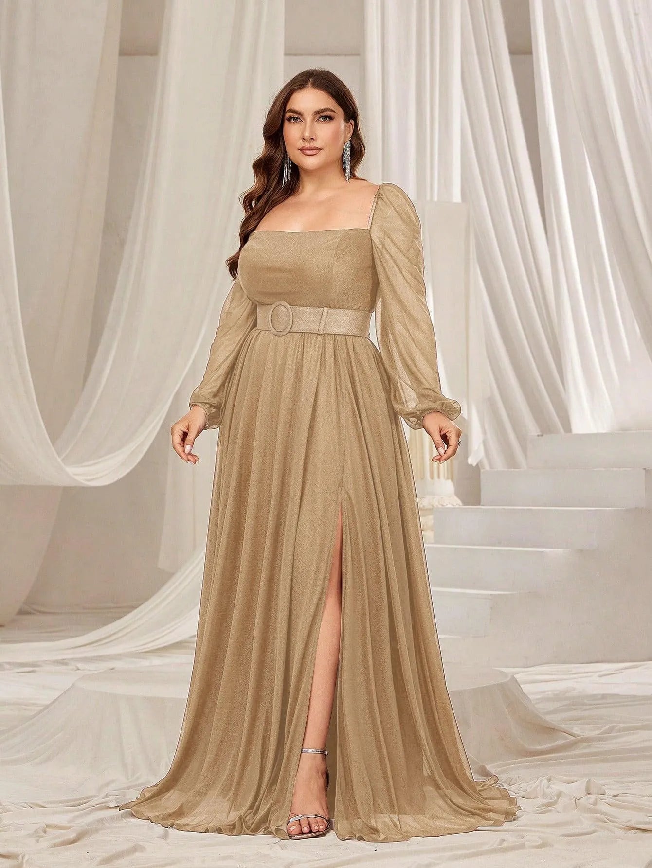 Plus Square Neck Lantern Sleeves Split Thigh Evening Dress - Elonnashop