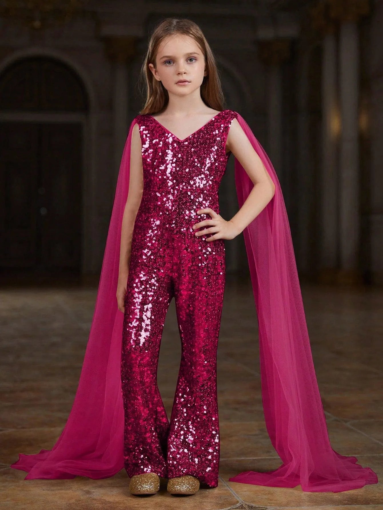 Tween Girls' V Neck Mesh Cloak Sleeve Sequin Jumpsuit - Elonnashop