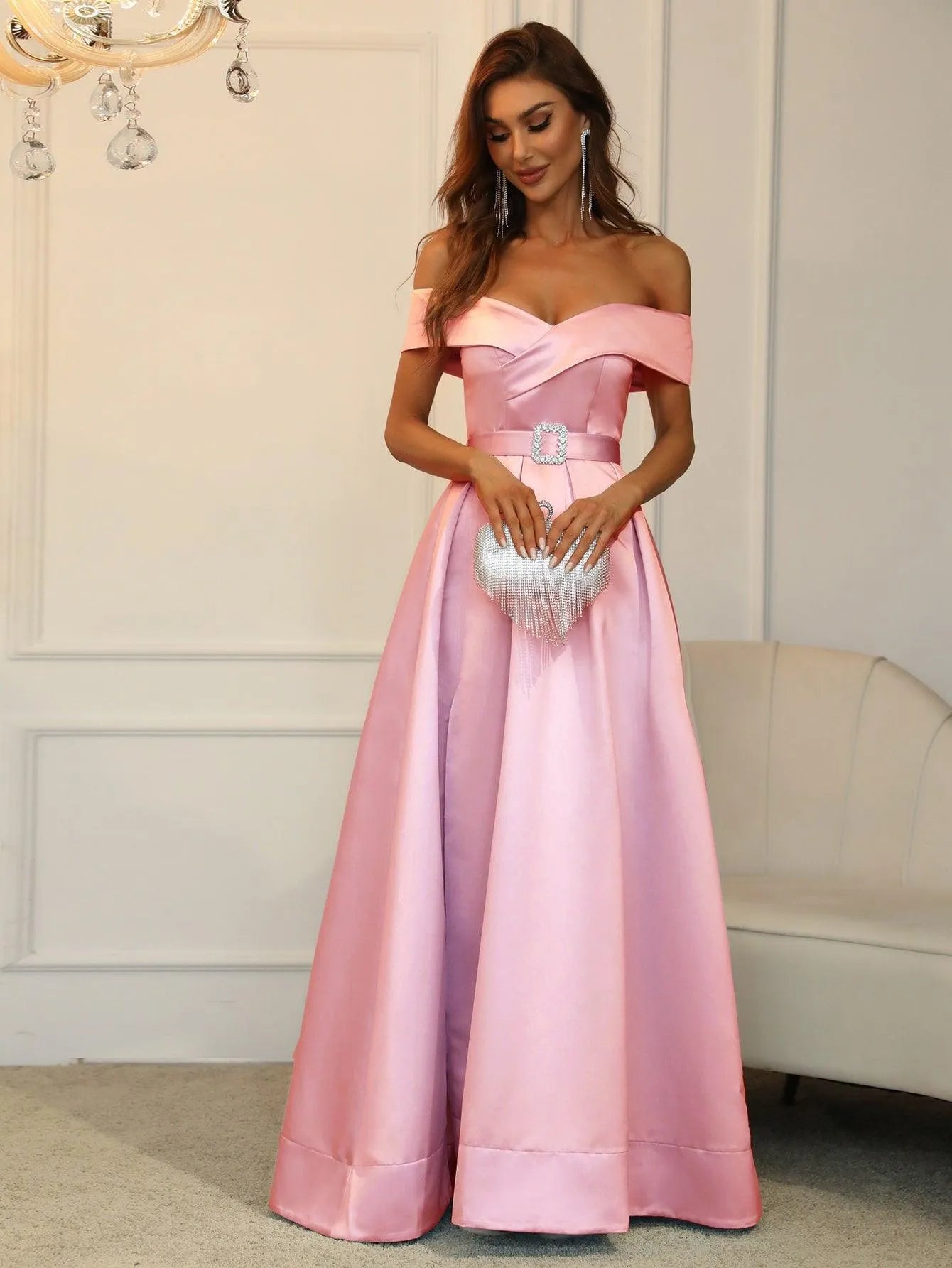 Off Shoulder Buckle Belted Satin Ball Gown - Elonnashop