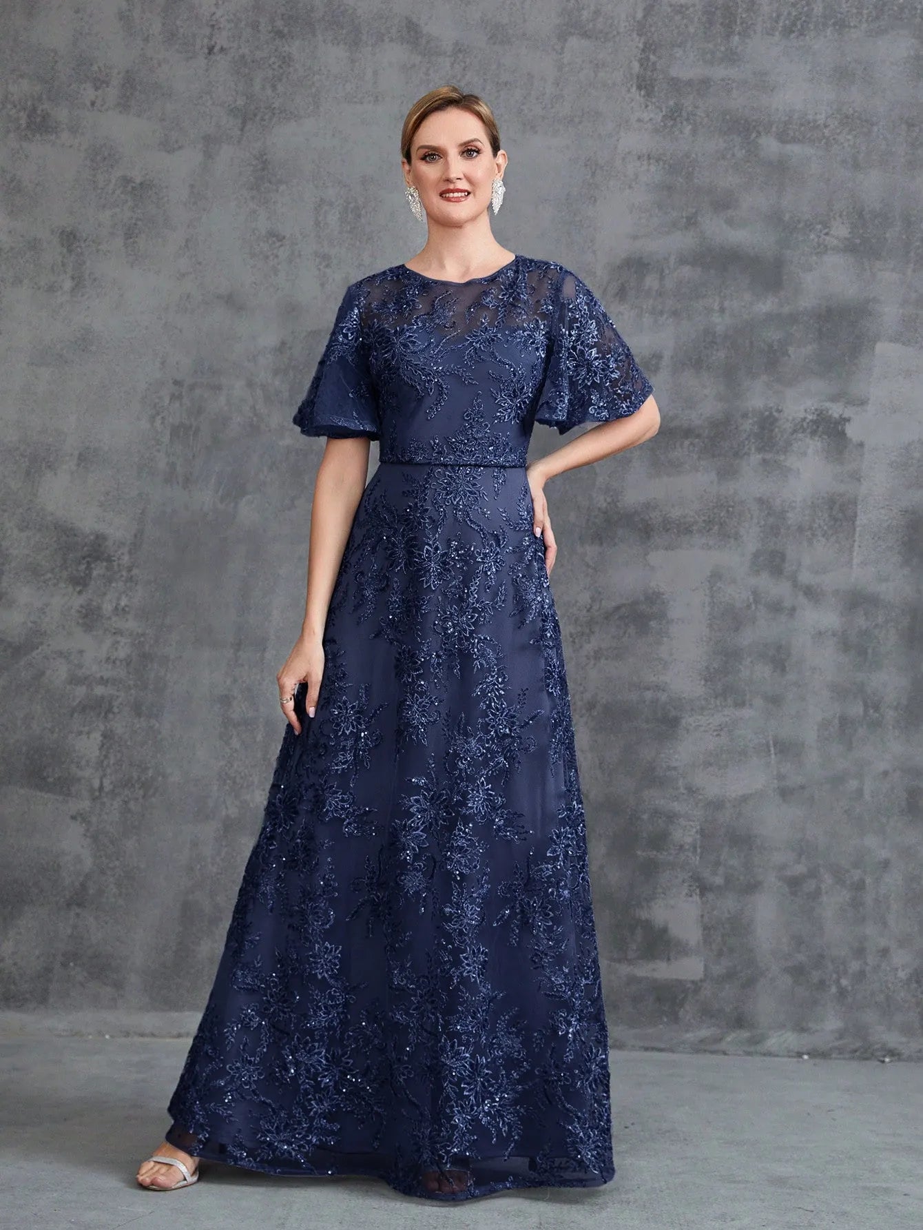 Womens‘ Floral Embroidered Butterfly Sleeves A Line Formal Evening Dress