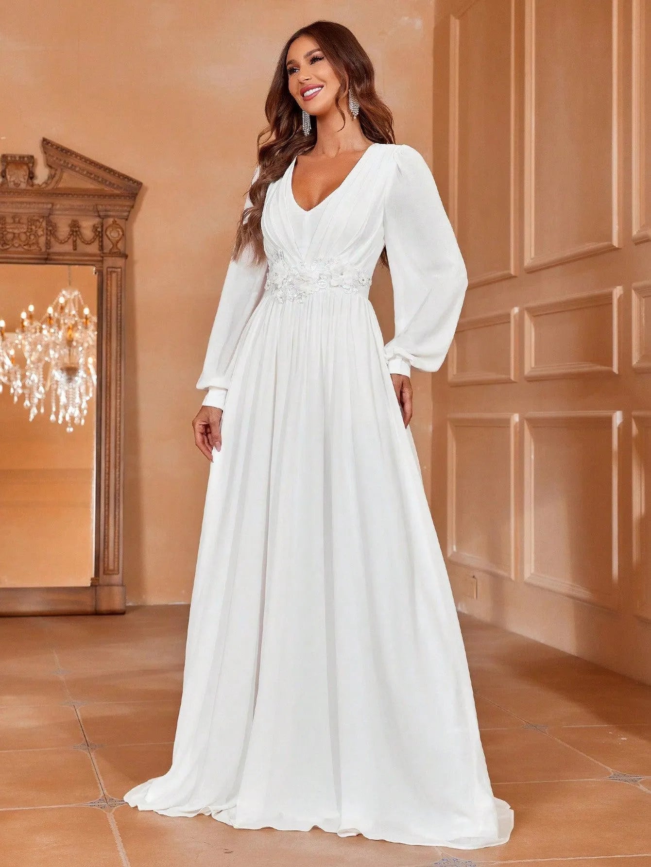 Floral Applique Lantern Sleeve Chiffon Formal Dress Green / L Floral Applique Lantern Sleeve Chiffon Formal Dress Green / L