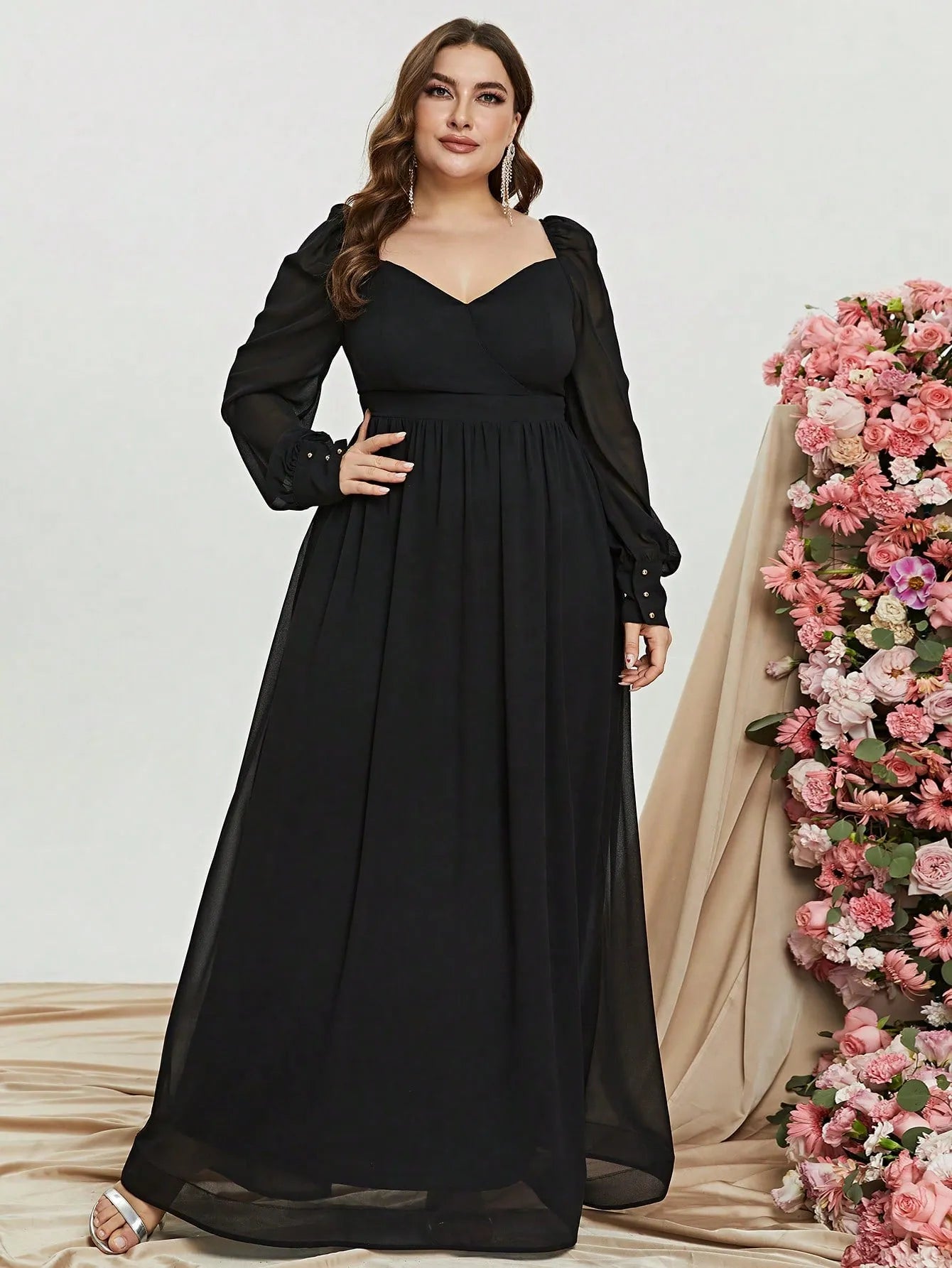 Plus Sweetheart Neck Backless Long Sleeve Chiffon A line Dress