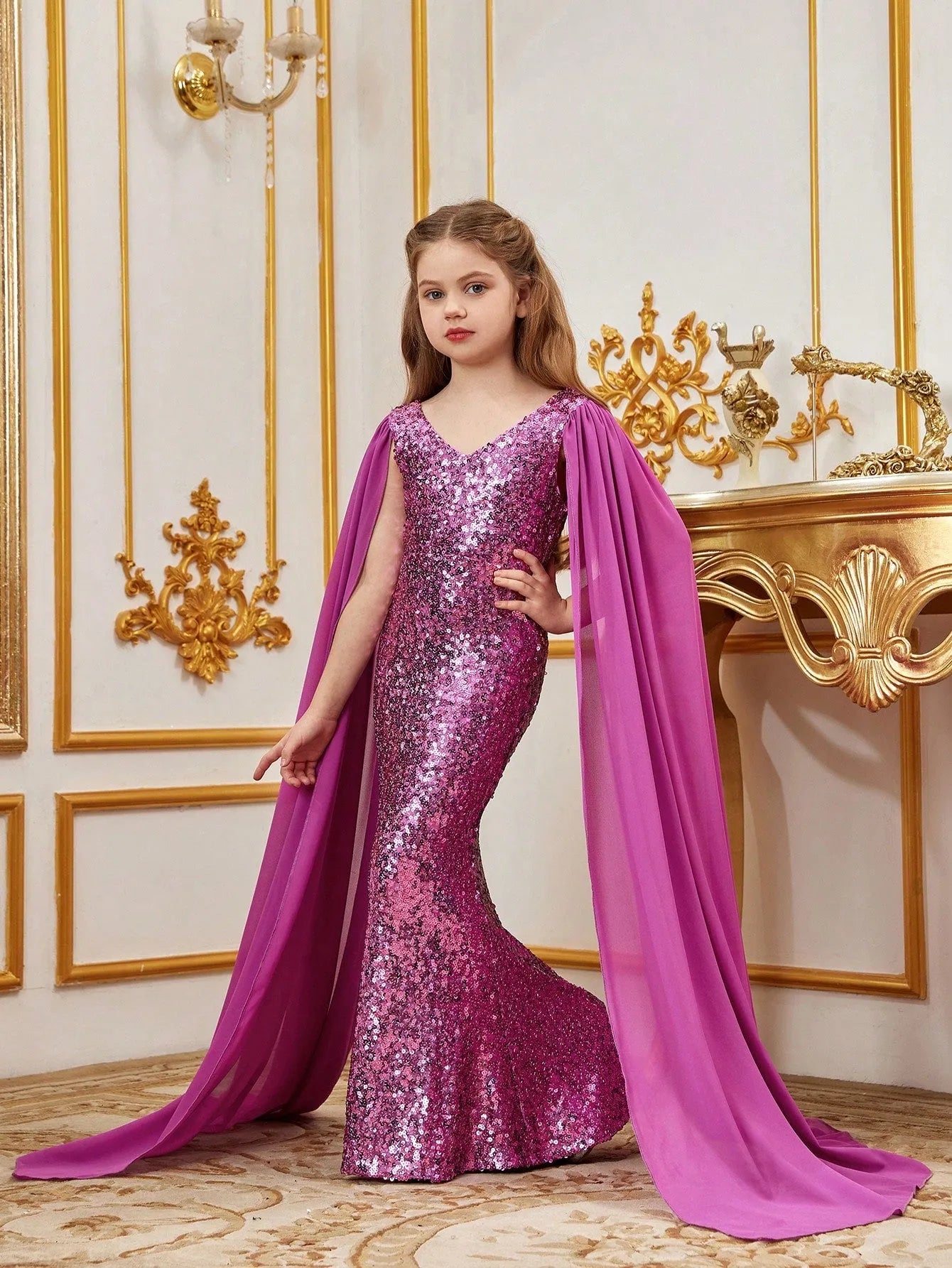 Tween Girls' V Neck Cloak Sleeves Sequin Mermaid Party Dress