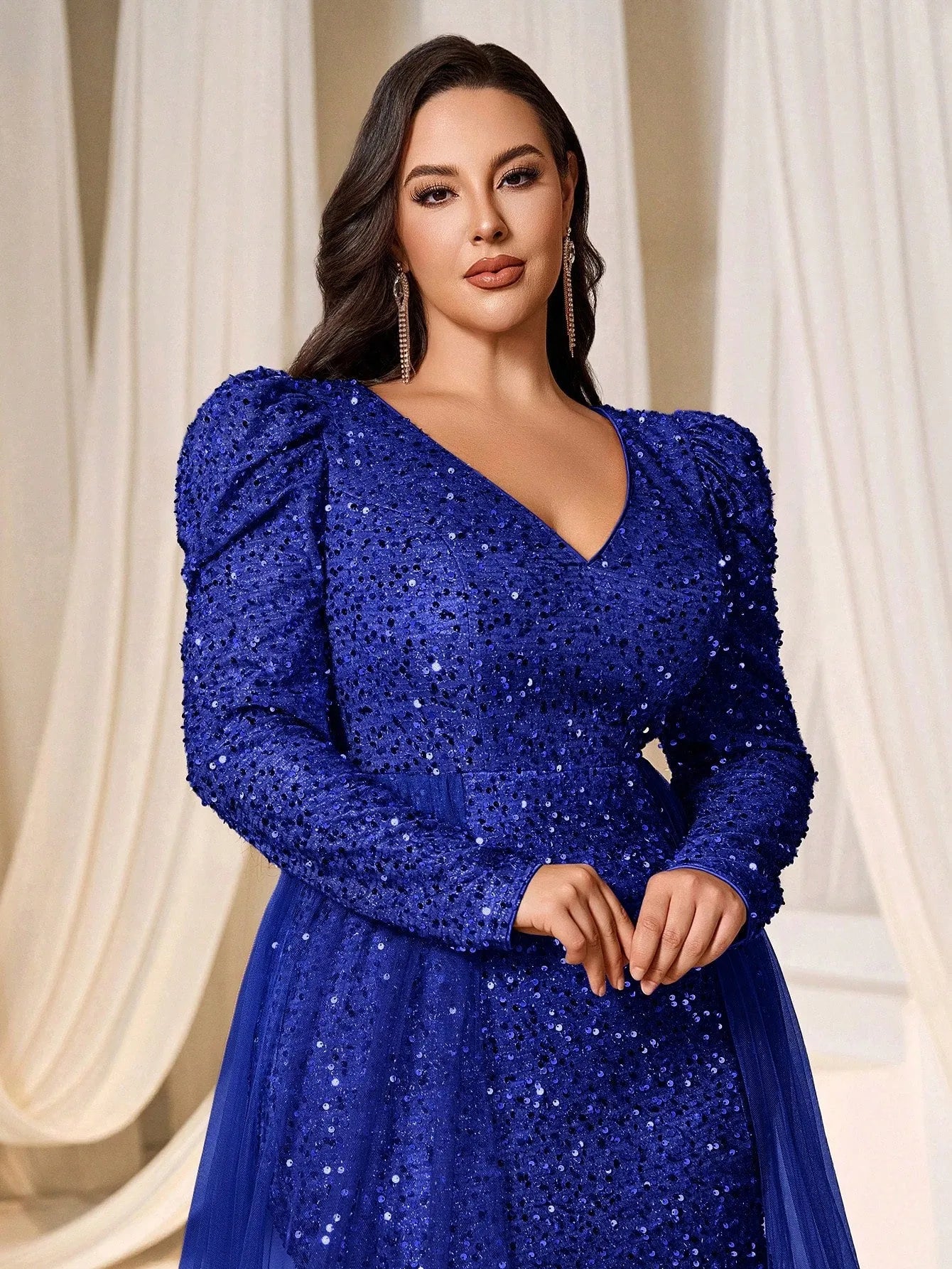 slim fit dress slacks Ever-Pretty Elegant V-Neck Long Lantern Sleeves Chiffon Evening Dress with Sequin main image 0