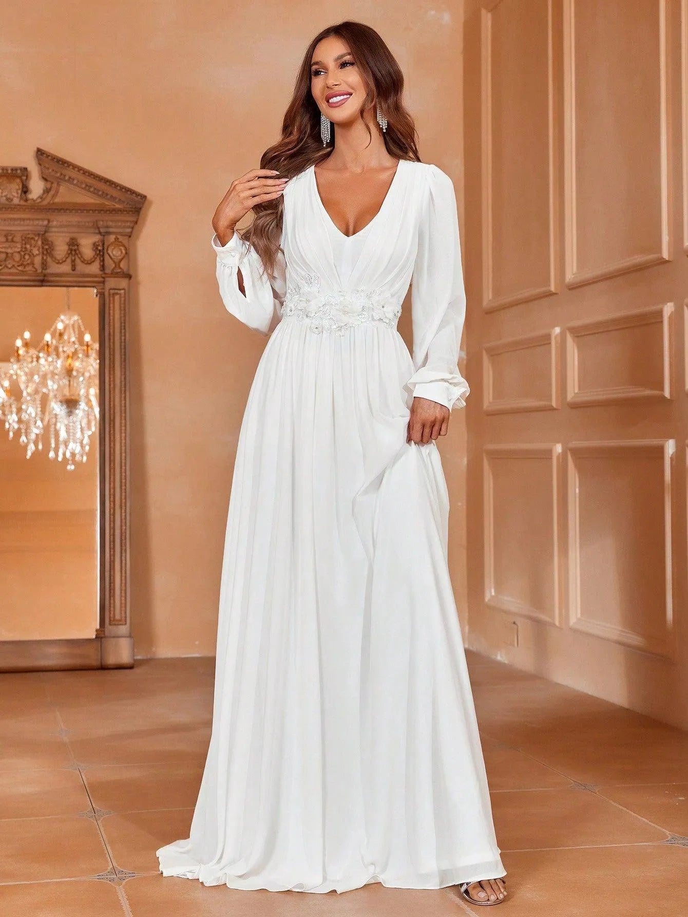 Floral Applique Lantern Sleeve Chiffon Formal Dress Green / L Floral Applique Lantern Sleeve Chiffon Formal Dress Green / L