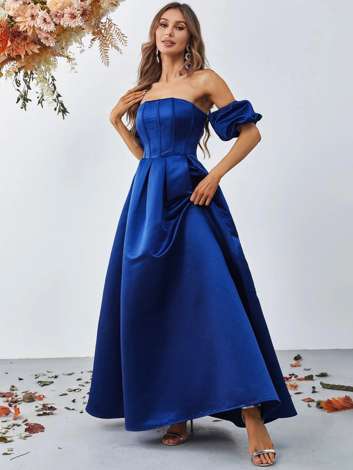 Off Shoulder Puff Sleeves Ruched Bust Fold Pleated Satin Gown - Elonnashop