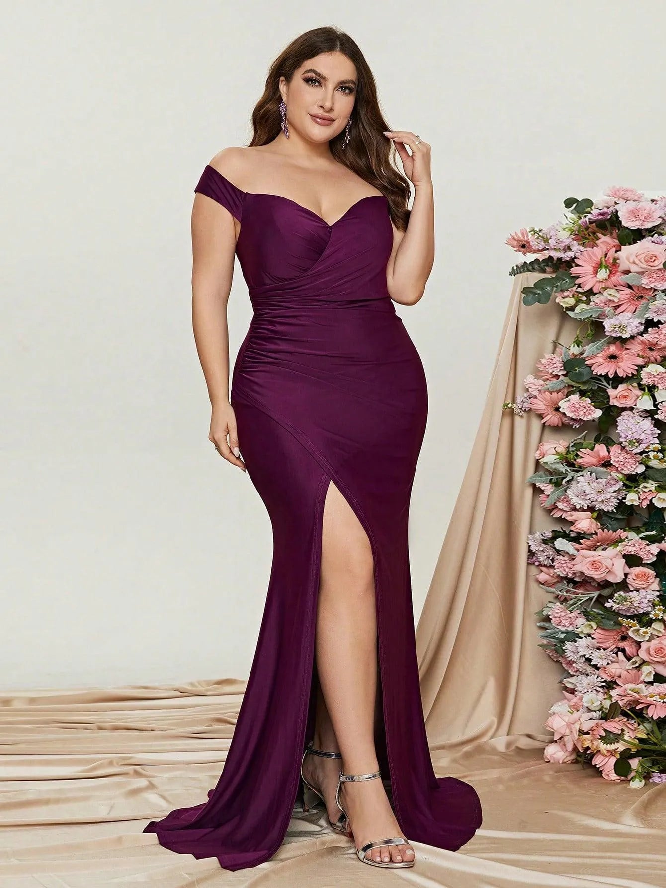 Plus Off Shoulder Ruched Wrap Hem Formal Dress - Elonnashop