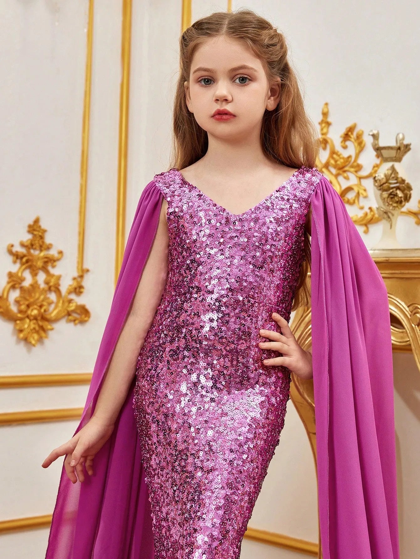 Tween Girls' V Neck Cloak Sleeves Sequin Mermaid Party Dress