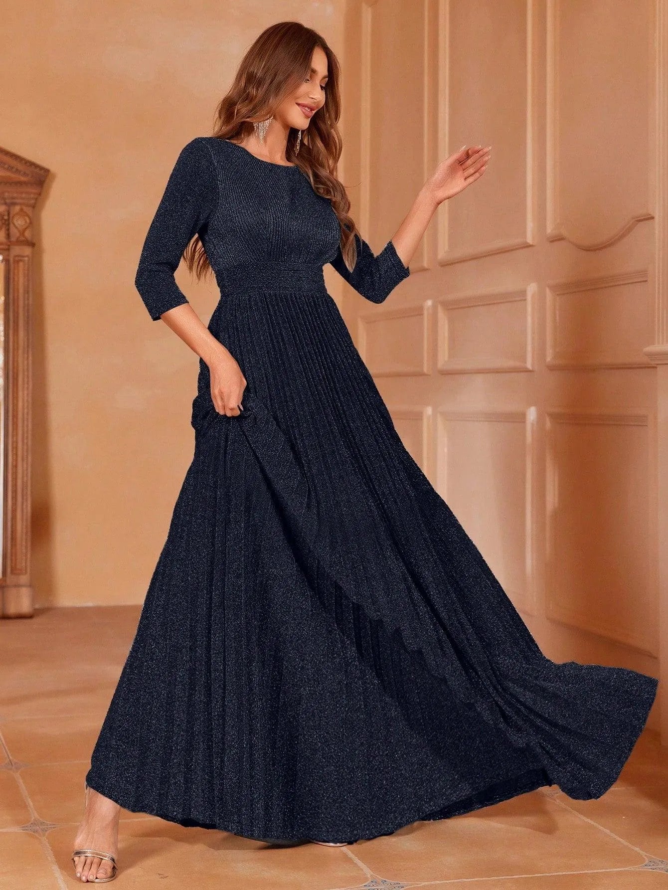 Glitter 3/4 Sleeves Pleated A Line Dress - Elonnashop