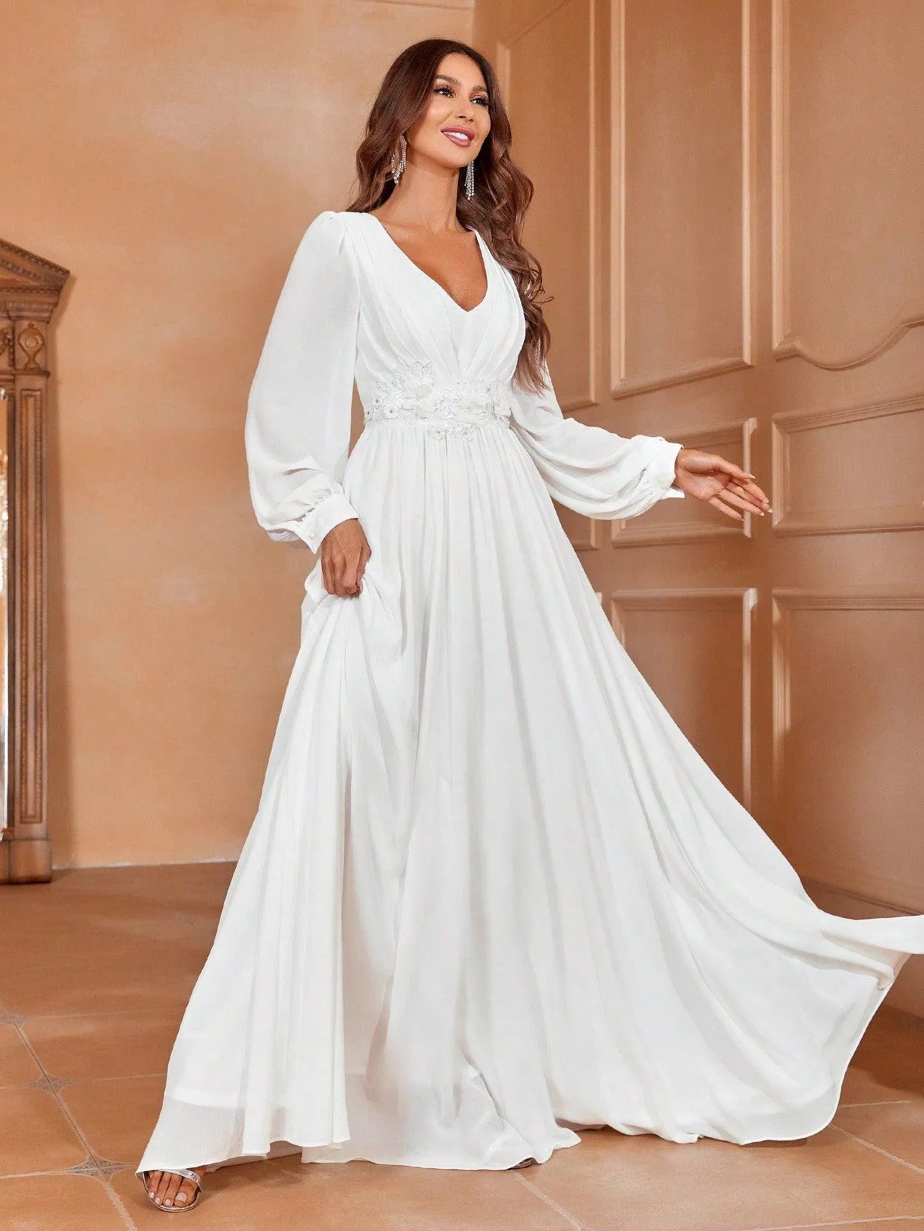Floral Applique Lantern Sleeve Chiffon Formal Dress Green / L Floral Applique Lantern Sleeve Chiffon Formal Dress Green / L