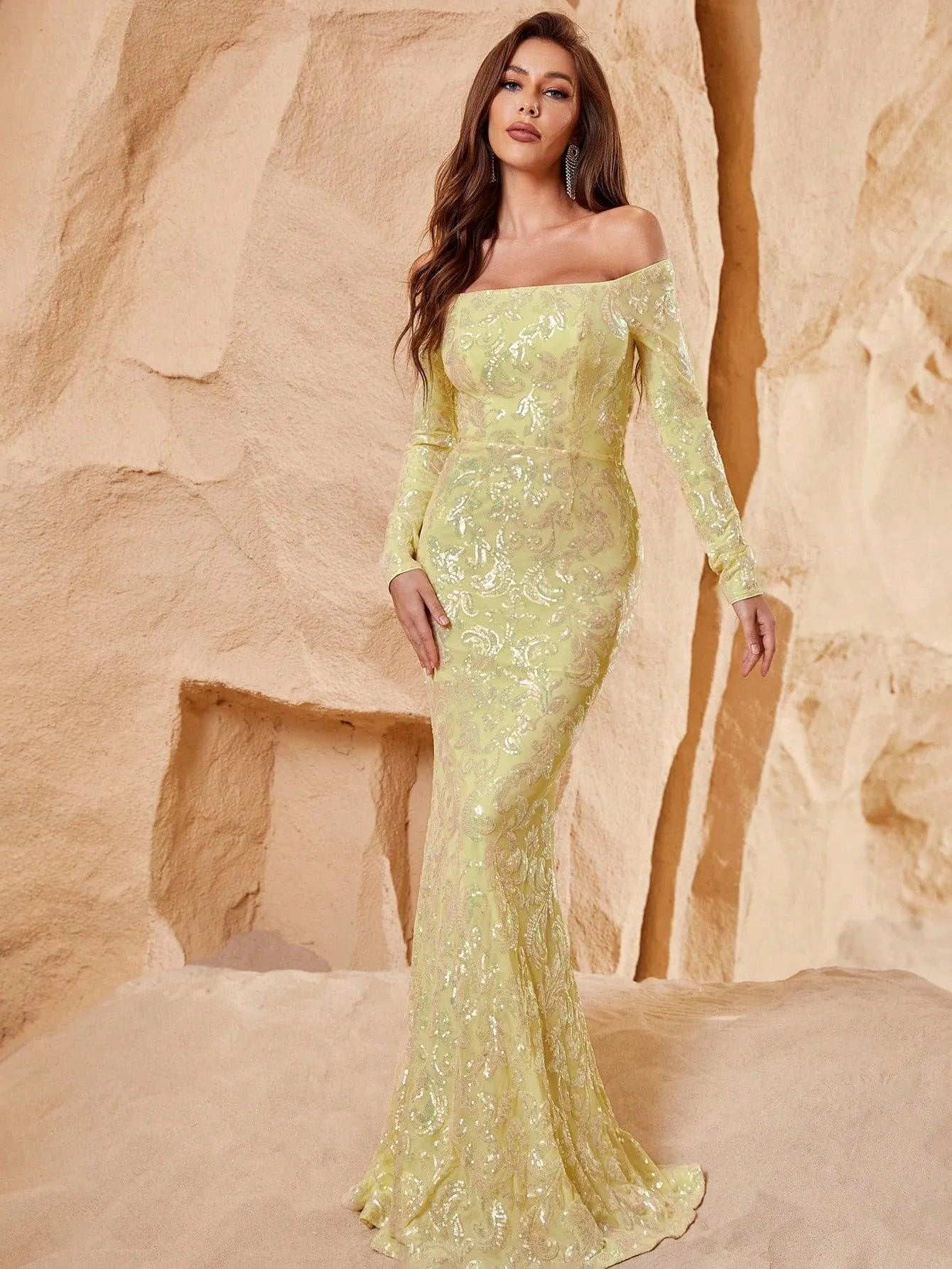 Off Shoulder Long Sleeve Mermaid Prom Dresses - Elonnashop