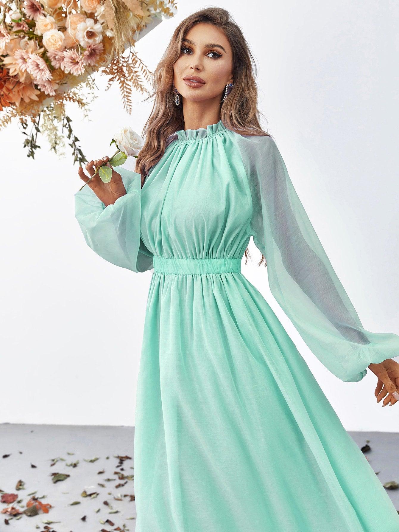 Elegant Mock Neck Long Sleeve Maxi A line Dresses - Elonnashop