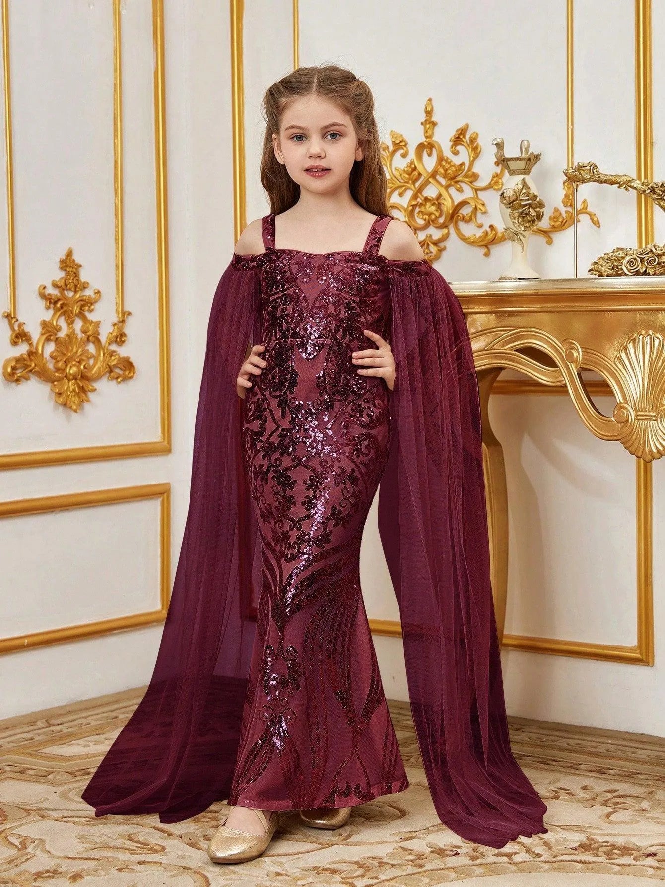 Tween Girls' Off Shoulder Cloak Sleeves Graphic Sequin Mermaid Dress - Elonnashop