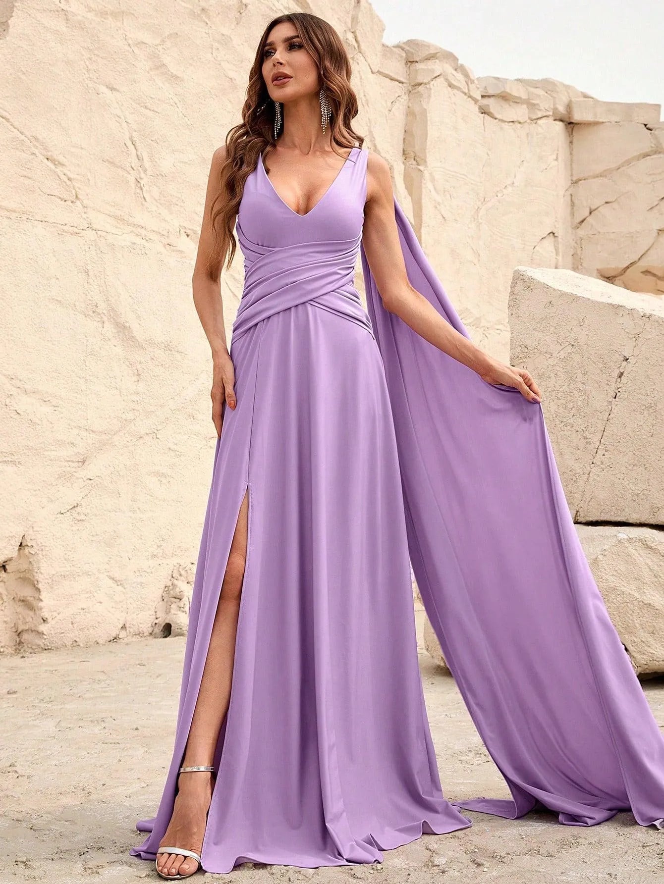 Elegant V Neck Sleeveless A Line Slit Dresses - Elonnashop