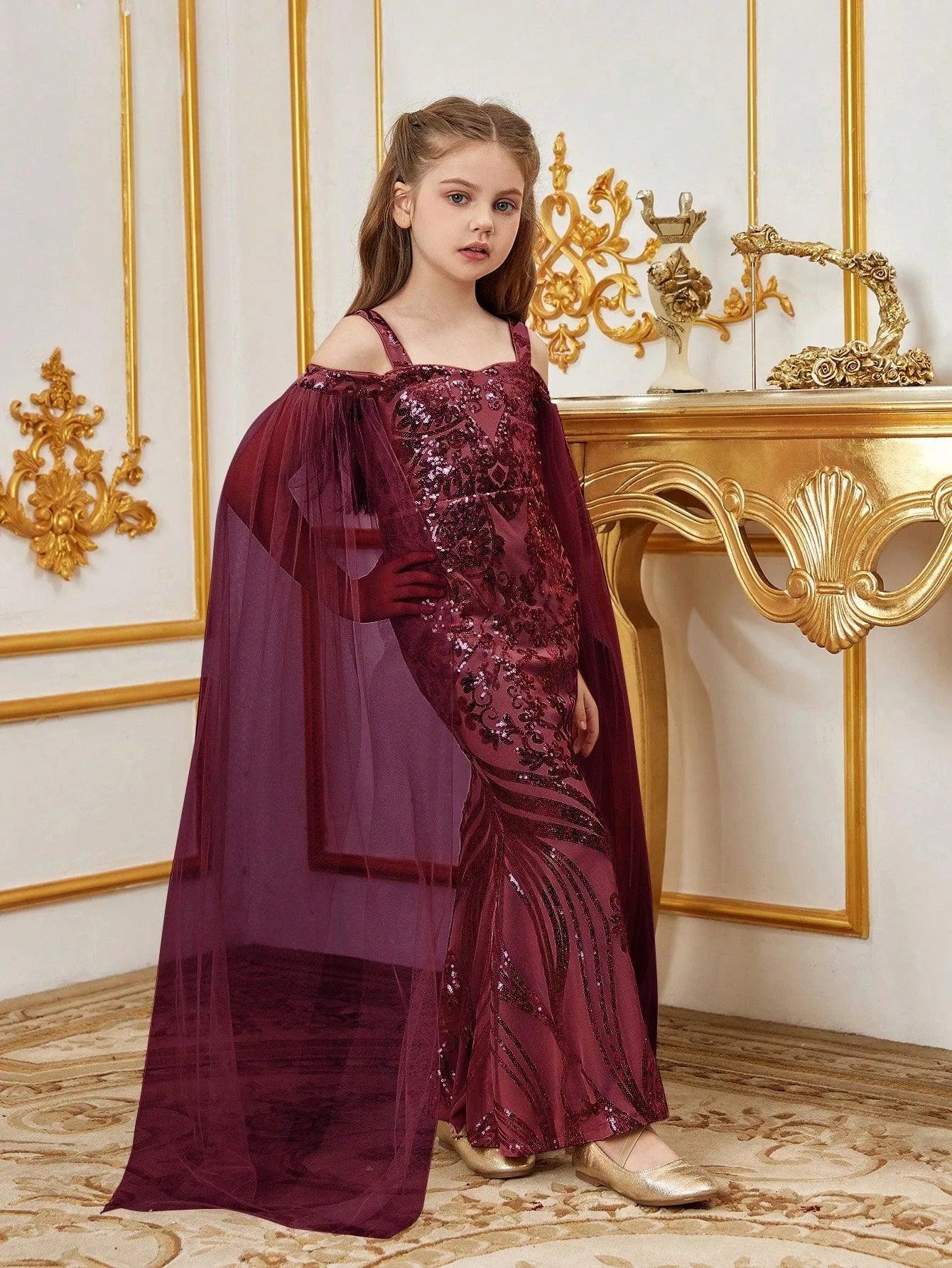 Tween Girls' Off Shoulder Cloak Sleeves Graphic Sequin Mermaid Dress - Elonnashop