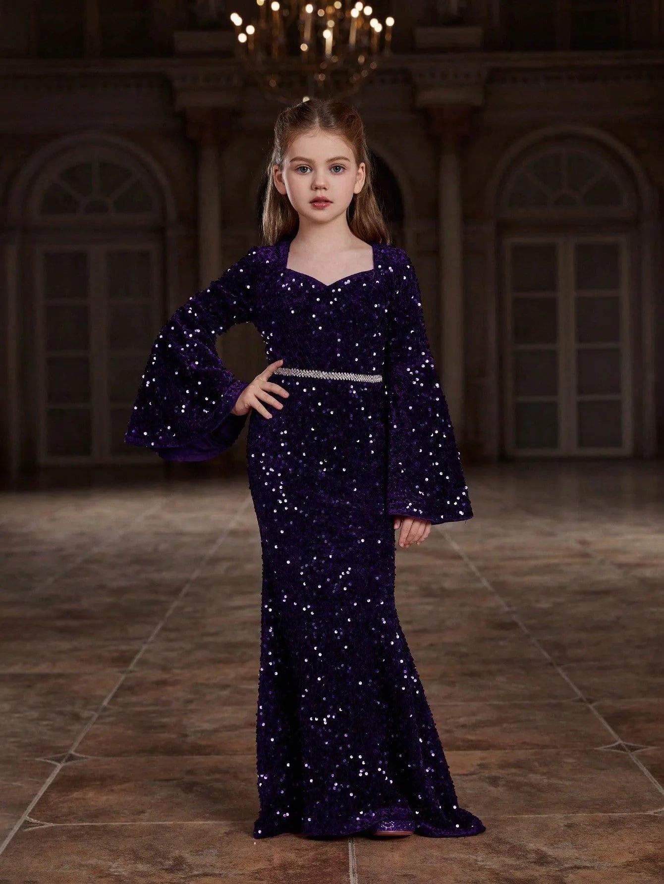 sequin bell sleeve dress Andrea and Leo A1377 - Long Tulle Mermaid line skirt with a train Fabric Velvet Sequin Bell Sleeve Dress