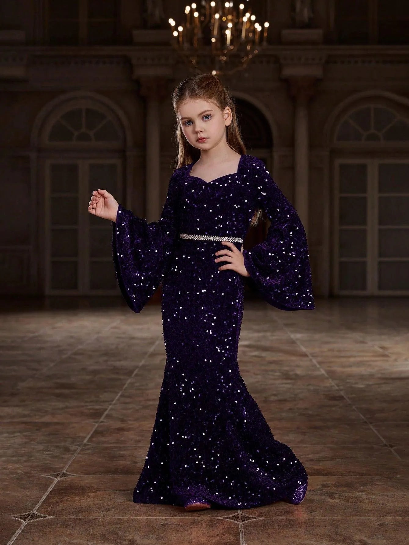 sequin bell sleeve dress Tween Girls' Sweetheart Collar Bell Sleeves Sequin Mermaid Dress – Elonnashop